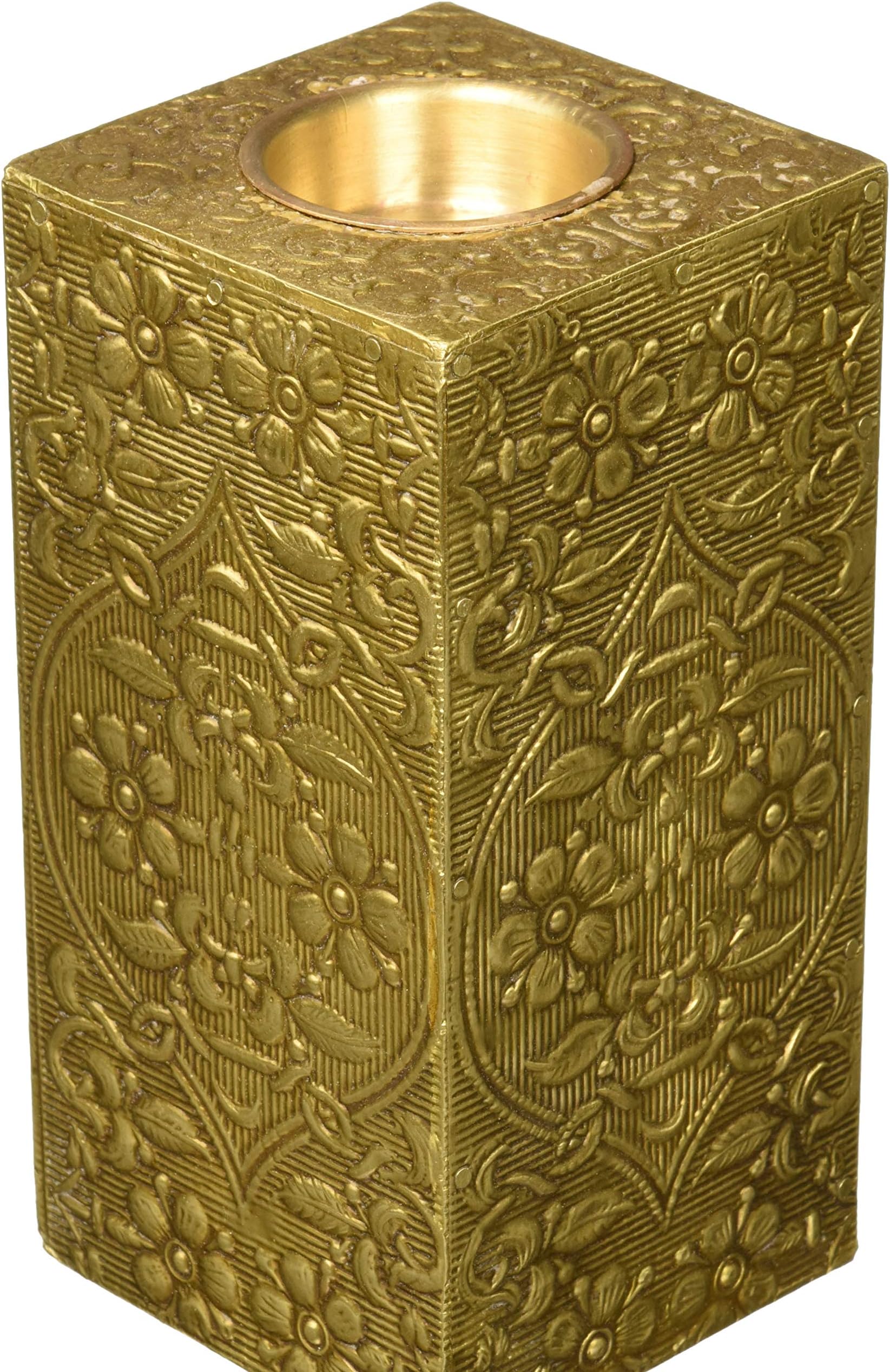 Pillar Candle Holder - Golden Metal and Wood Centerpiece - SouvNear 6" Ornate Candle Votive Holder - Handmade Tea Light Holders