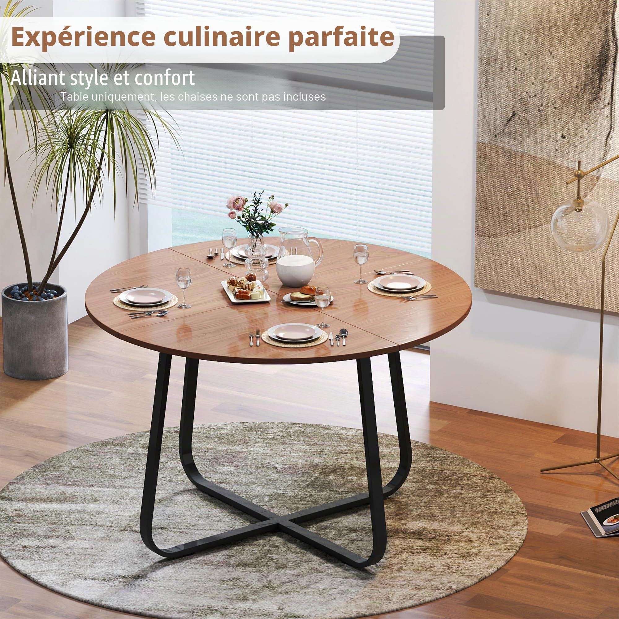 Table de salle à manger ronde 120 cm en bois marron noyer moderne pour cuisine, salon, salle à manger, terrasse, cour, café, bureau et autres endroits
