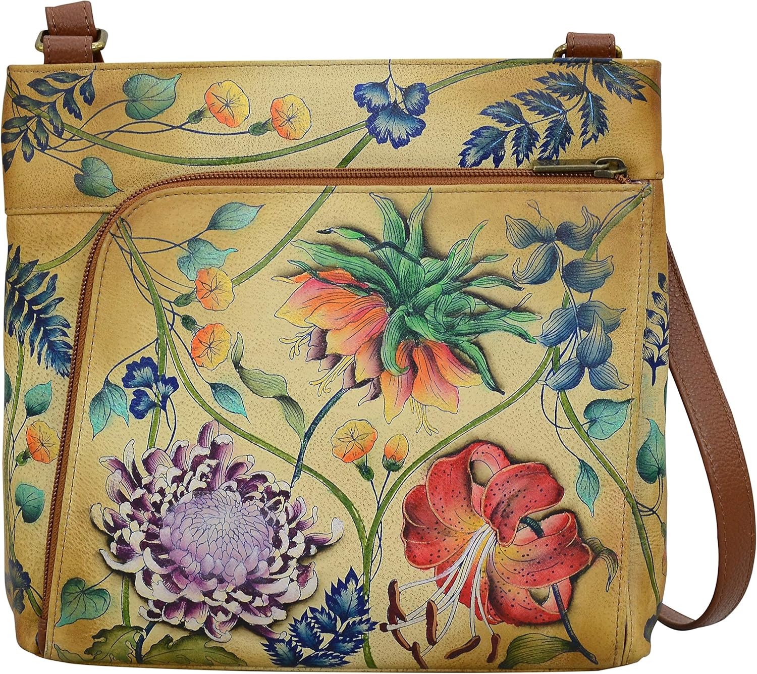 Anuschka Hand Painted Women’s Genuine Leather Crossbody with Front Zip Organizer & RFID Card Protection - Caribbean Garden