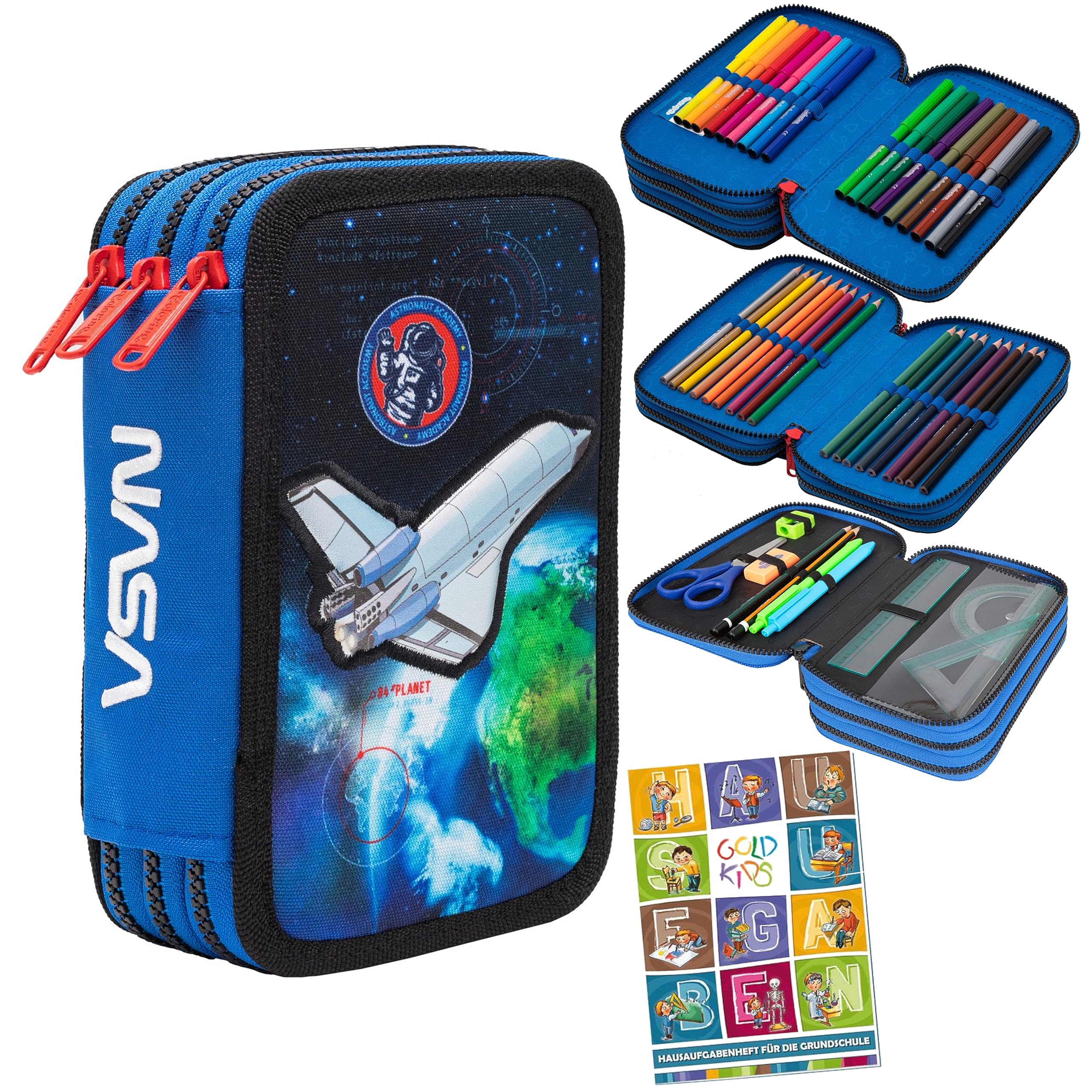 Goldkids Federtasche 3-fache Federmappe Colorino NASA Federmäppchen 46-teilig gefüllte Schüleretui Stifte und Pinsel inkl. Aufgabenheft Federbox Etui Stiftetasche Schlamper-Etui Schul-Etui