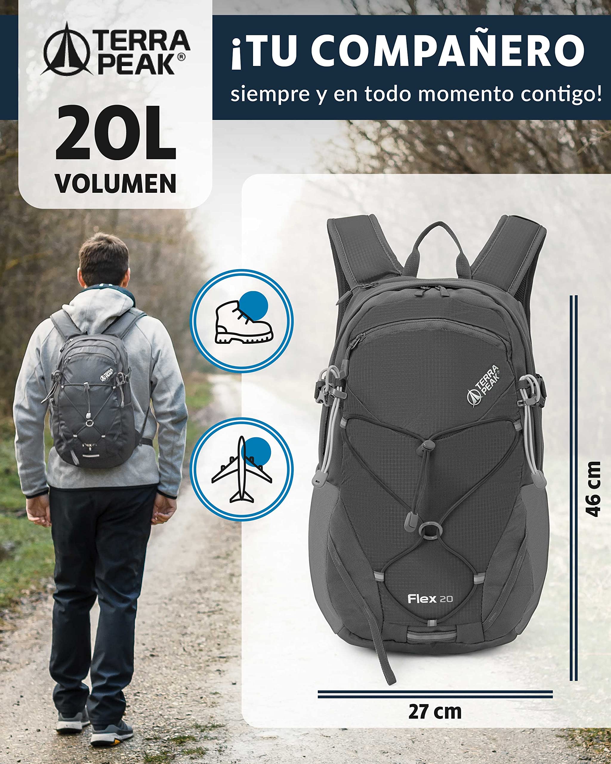 Terra Peak® Mochila de Senderismo 20L para hombre y mujer (FLEX 20 PEQUEÑA) - Mochila de montaña, trekking y viaje para exteriores, ergonómica e impermeable, con ventilación trasera (transpirable)