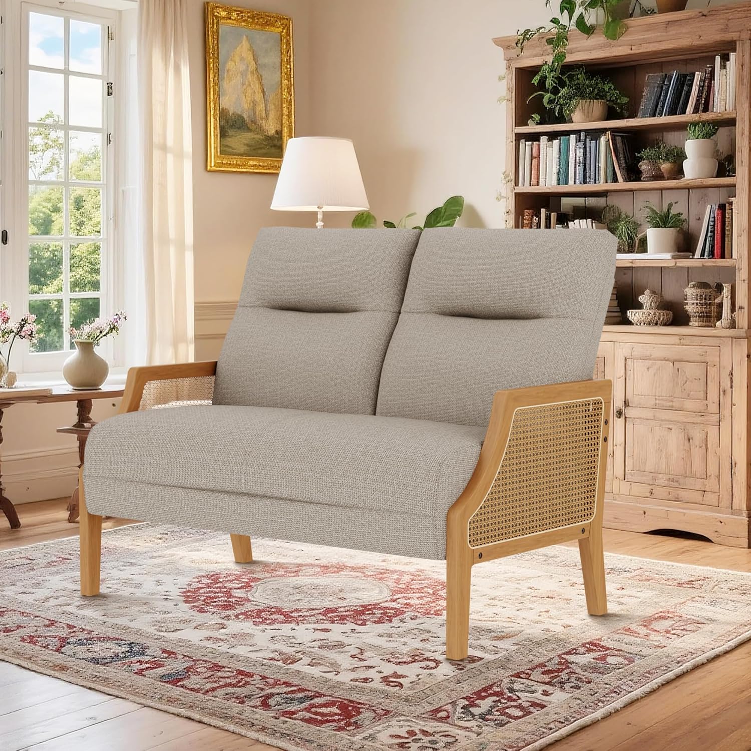 HAOBO Home Small Loveseat Sofa Mini Couch Upholstered Settee Bench with Rattan Arms Linen Small Sofa Couch for Living Room Dining Room Bedroom Funiture Taupe