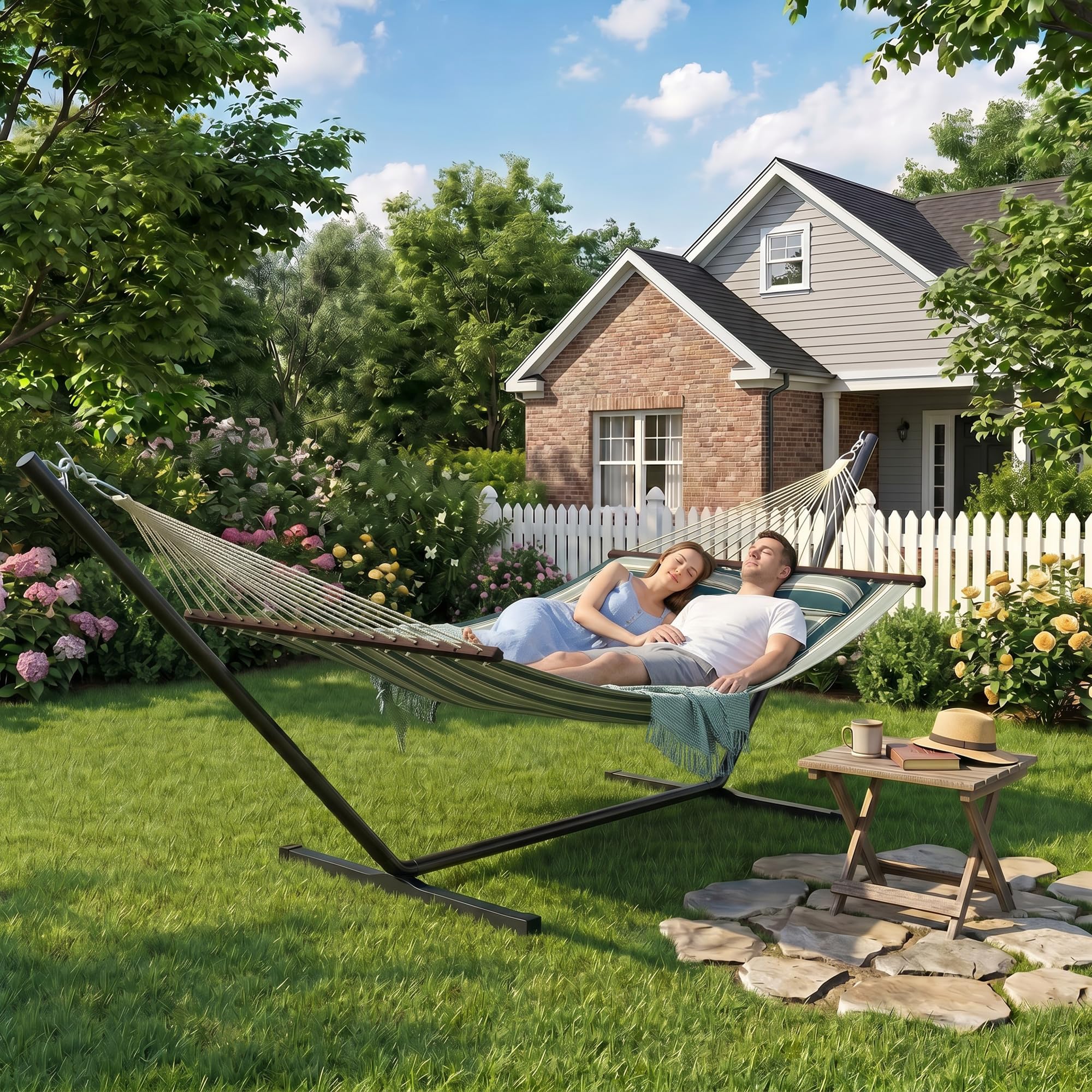 Outsunny Hamac sur Pied 353 cm, hamac avec Support Acier avec Coussin Amovible et Barres d'écartement, pour intérieur et extérieur, lit de Sieste rayé, Vert