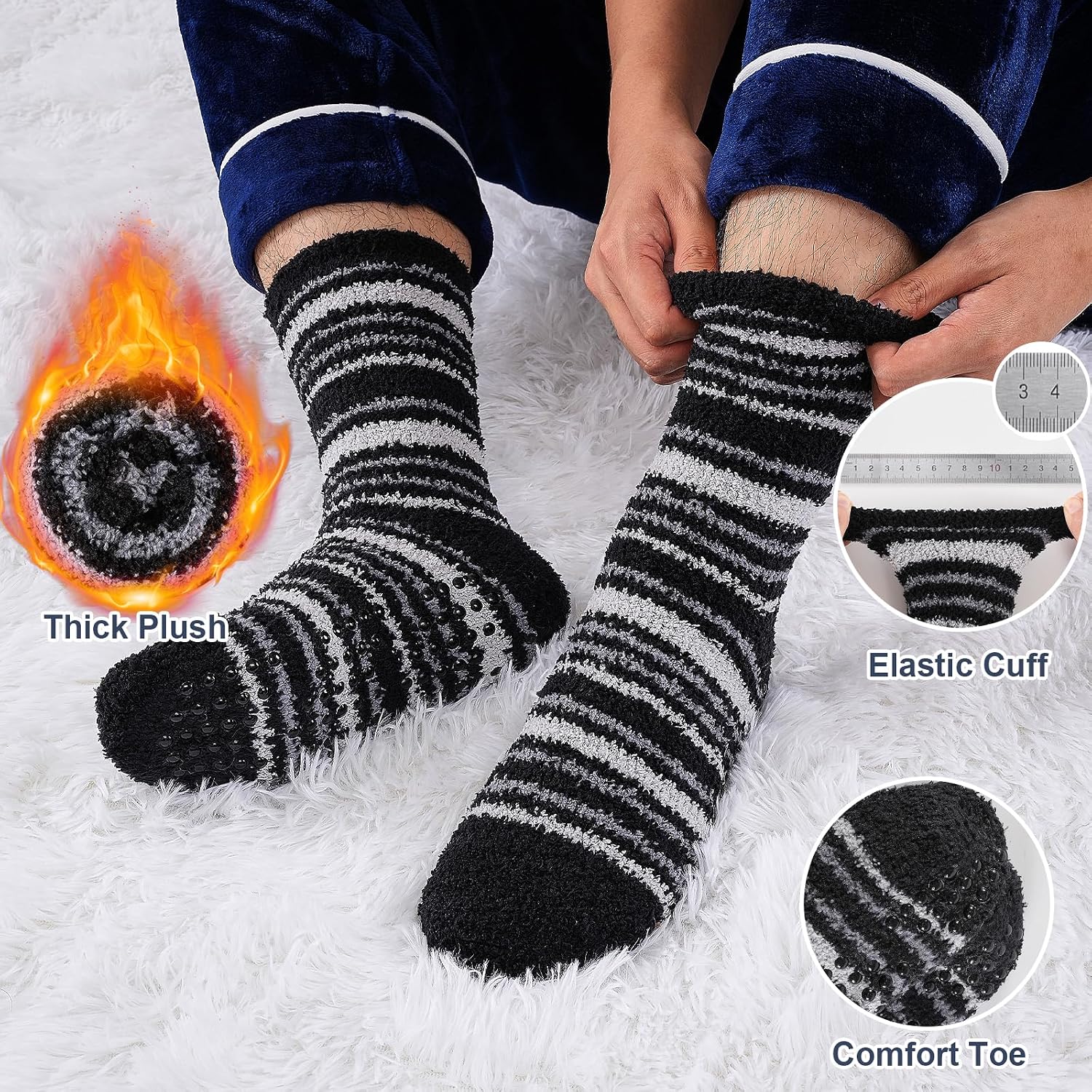 Niorasen Men's Fuzzy Grip Socks, 5 Pairs, Warm Winter Slippers