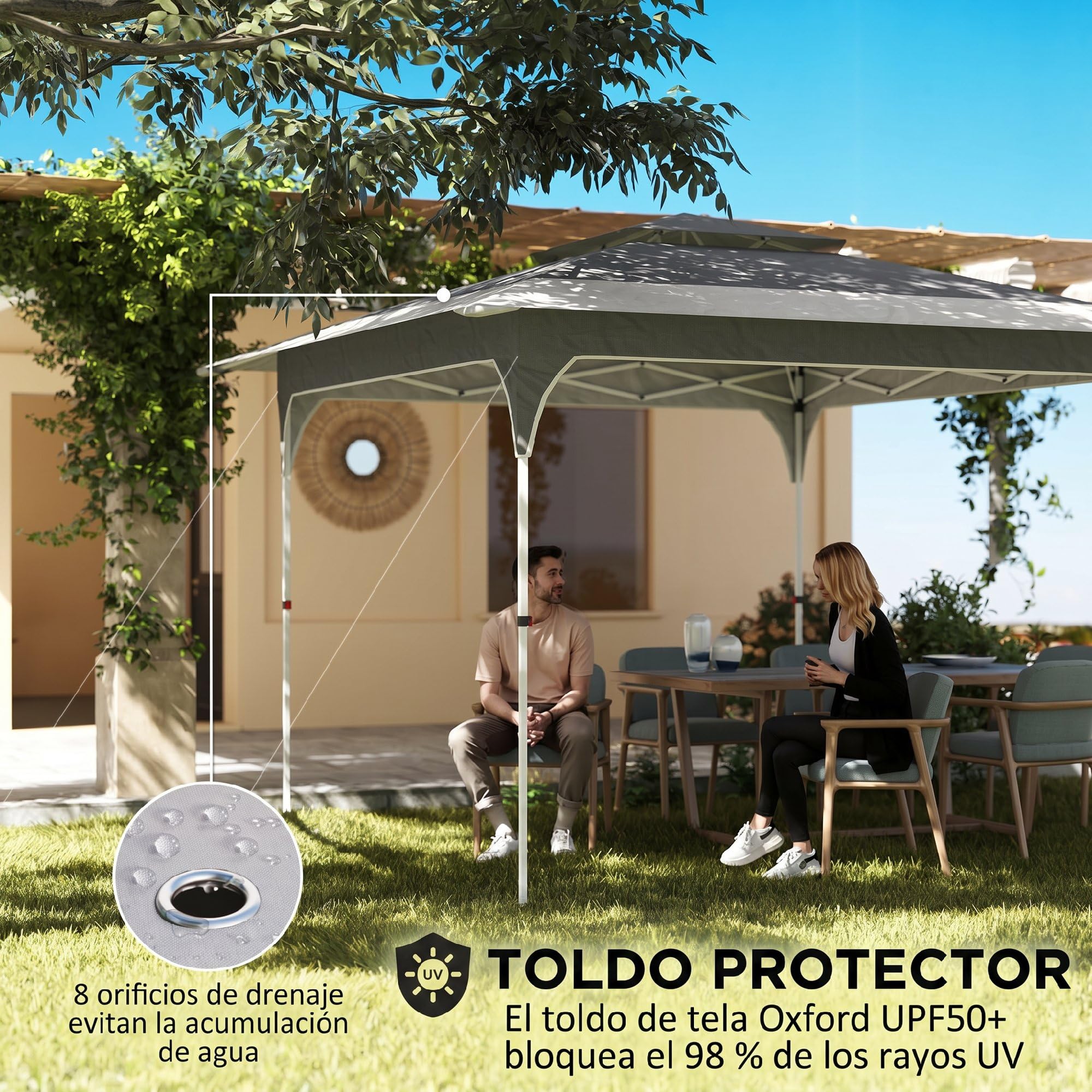 Outsunny Carpa Plegable 3,5x3,5 m, Pop-up, Cenador Pabellón de Jardín con Doble Techo, Cierre Central, UPF50+, Altura Ajustable de 3 Niveles y Bolsa de Transporte, Gazebo para Fiestas, Exterior, Gris