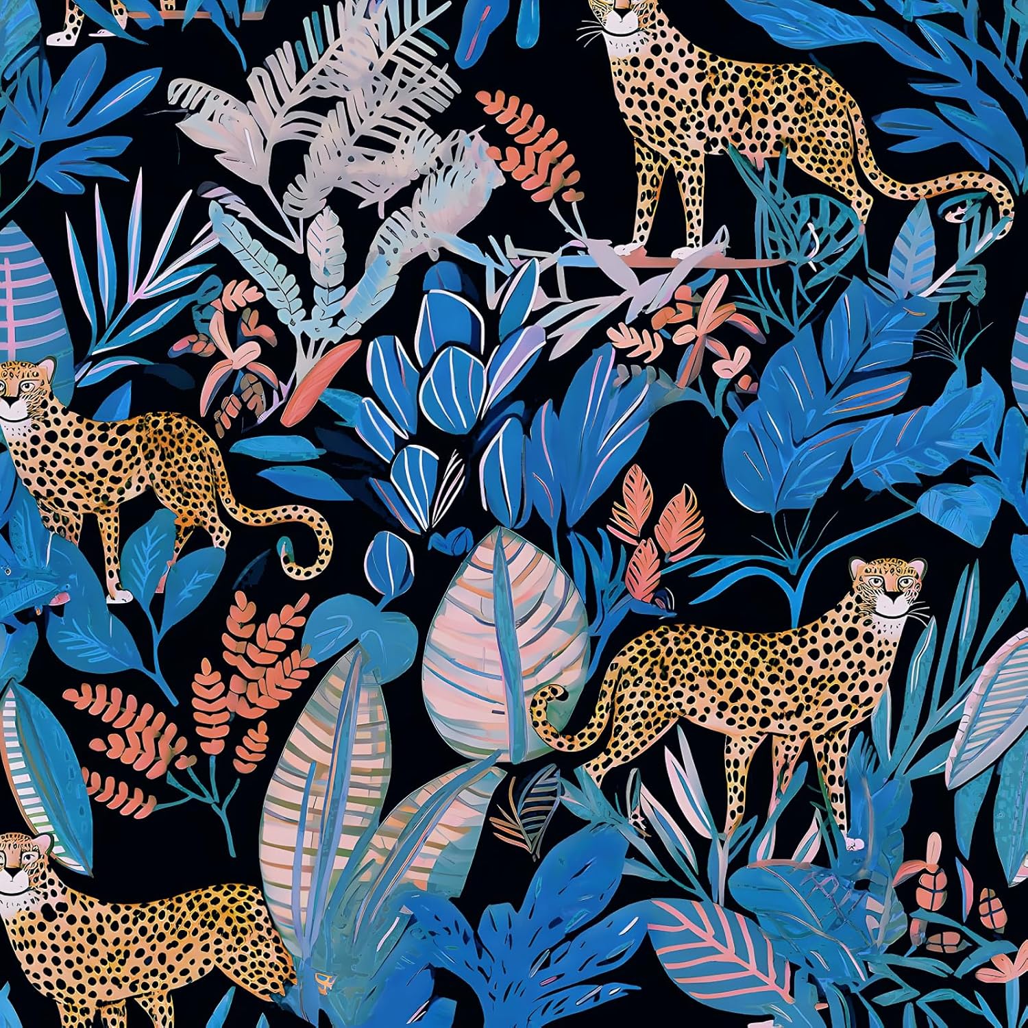 Leopard Peel and Stick Wallpaper,Blue Jungle and Cheetah 17.5"x 393"Contact Paper,Modern Funky Animal Wall Paper For Bathroom Bedroom Cabinet Vinyl Waterproof Removable Farmhouse Dorm Renter Friendly
