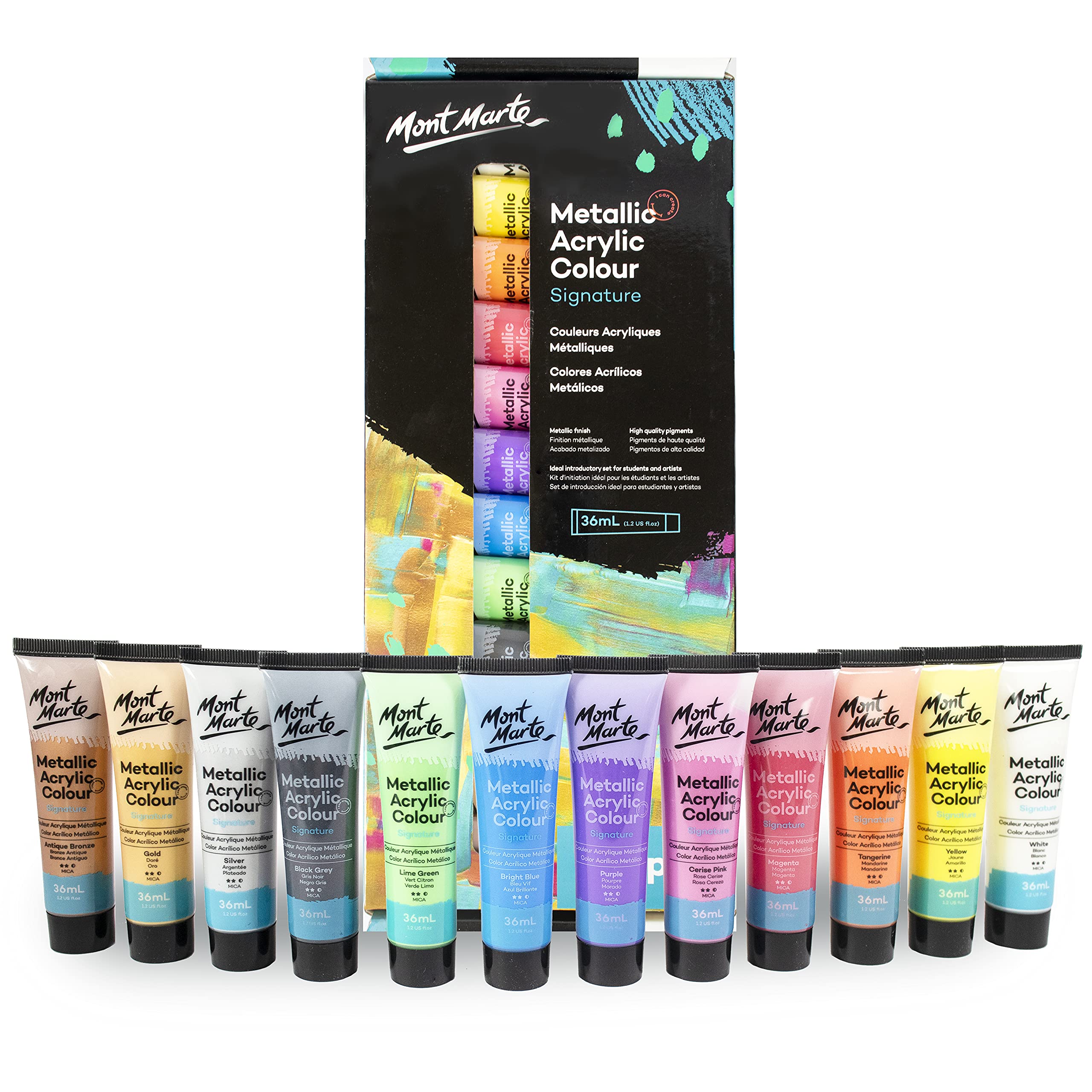 Mont Marte Premium Metallic Acrylic Paint Set, 12 x 1.02oz (36ml) Tubes