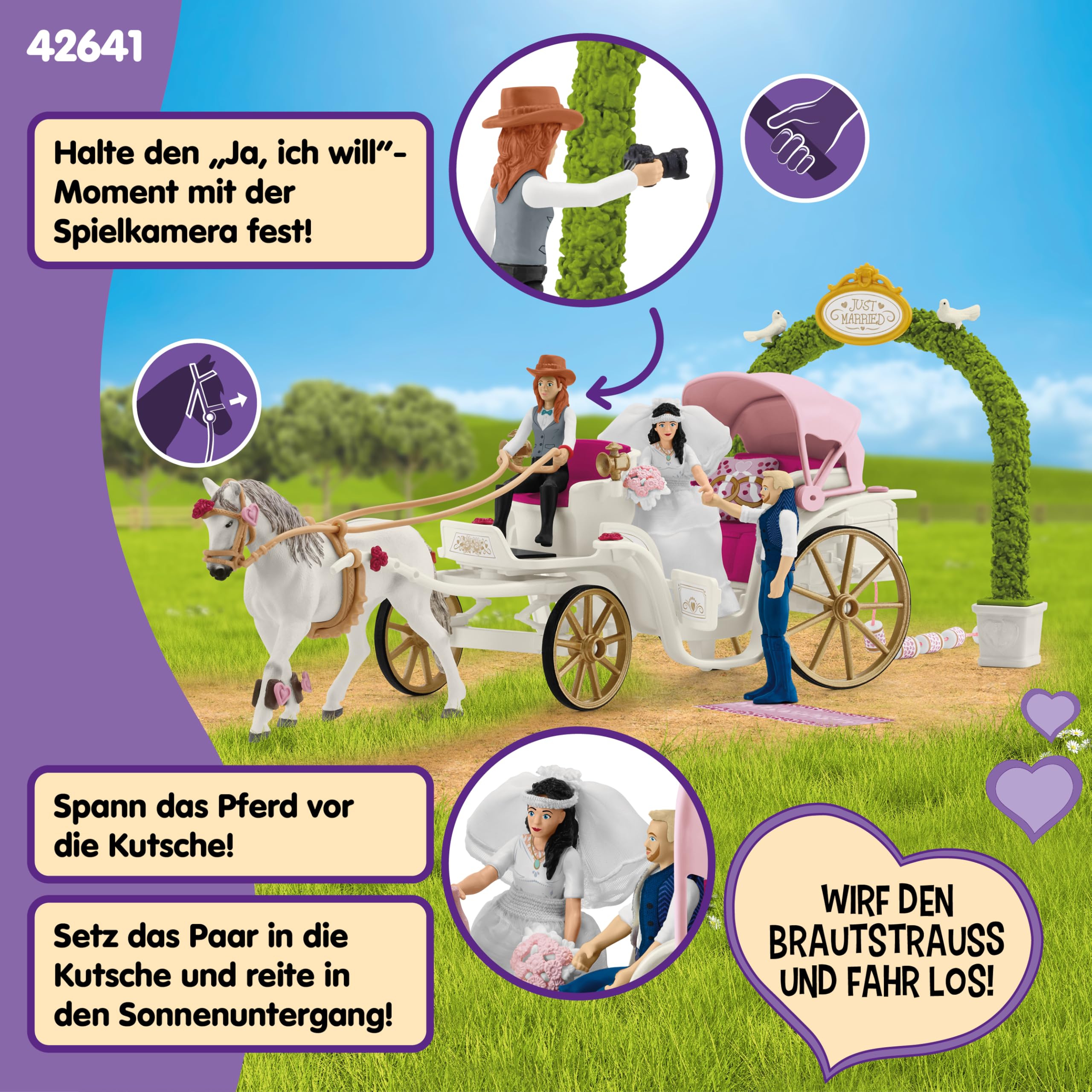 Schleich Horse Club | Hochzeitskutsche 42641 | Brautpaar mit Kutsche, Hannah und Pferd sowie Zubehör | tolles Geschenk für Mädchen und Jungen | Spielzeug für Kinder ab 5 Jahren | Set aus 106 Teilen