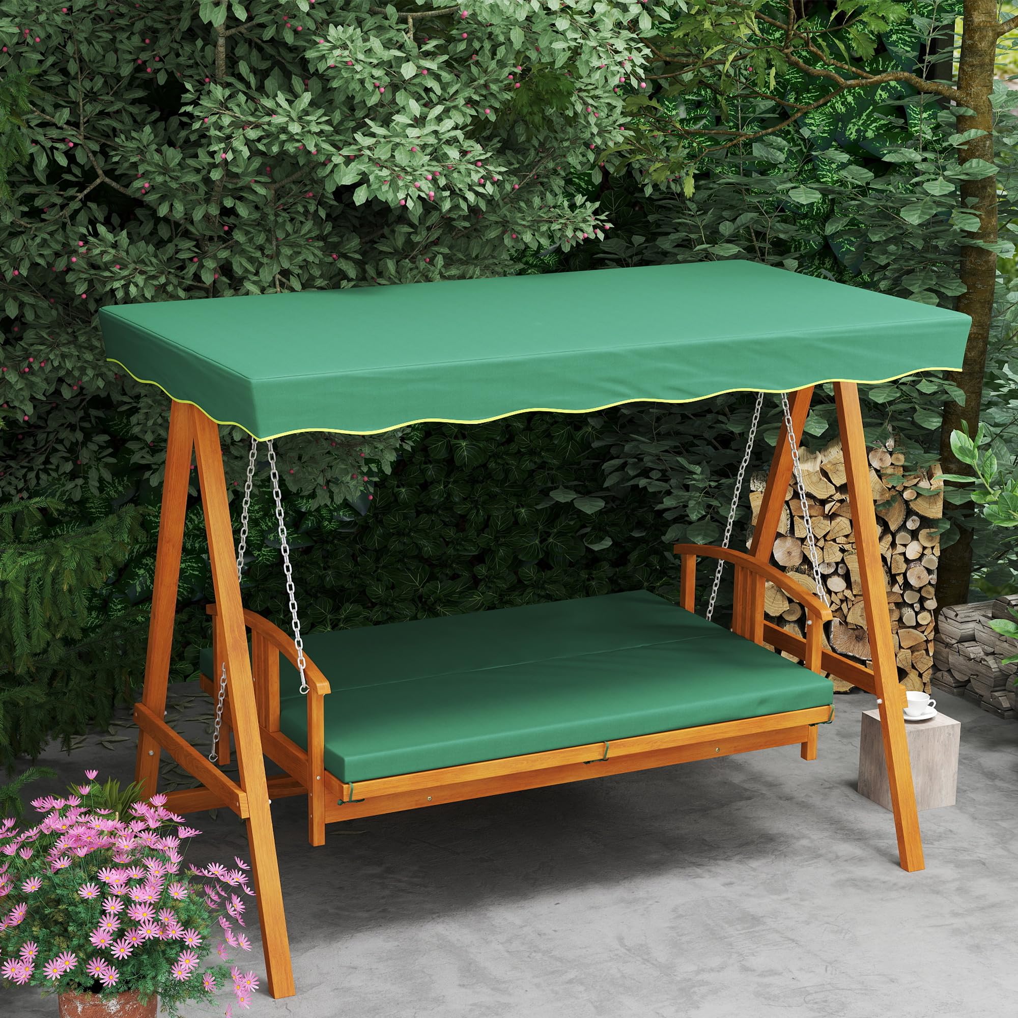 Outsunny Columpio de jardín 2 en 1 con función reclinable, columpio de madera de 3 plazas, columpio de madera con cubierta solar, banco balancín hasta 330 kg, para jardín, terraza, 236 x 130 x 181 cm