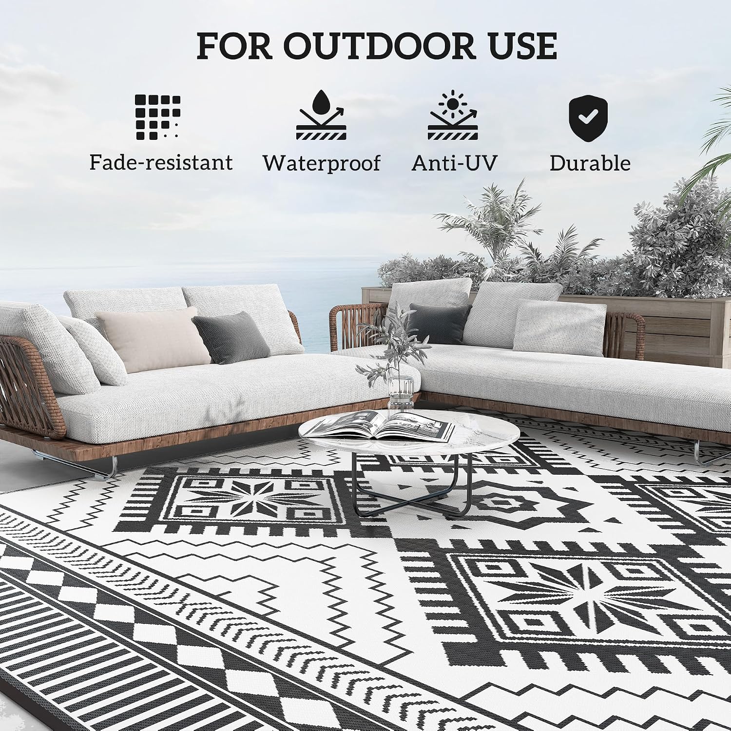 Outsunny Reversible Outdoor Rug, 9' x 12' Waterproof Plastic Straw Floor Mat, Portable RV Camping Carpet, Large Floor Mat for Backyard, Deck, Picnic, Beach, White & Black Toothed Rhombus