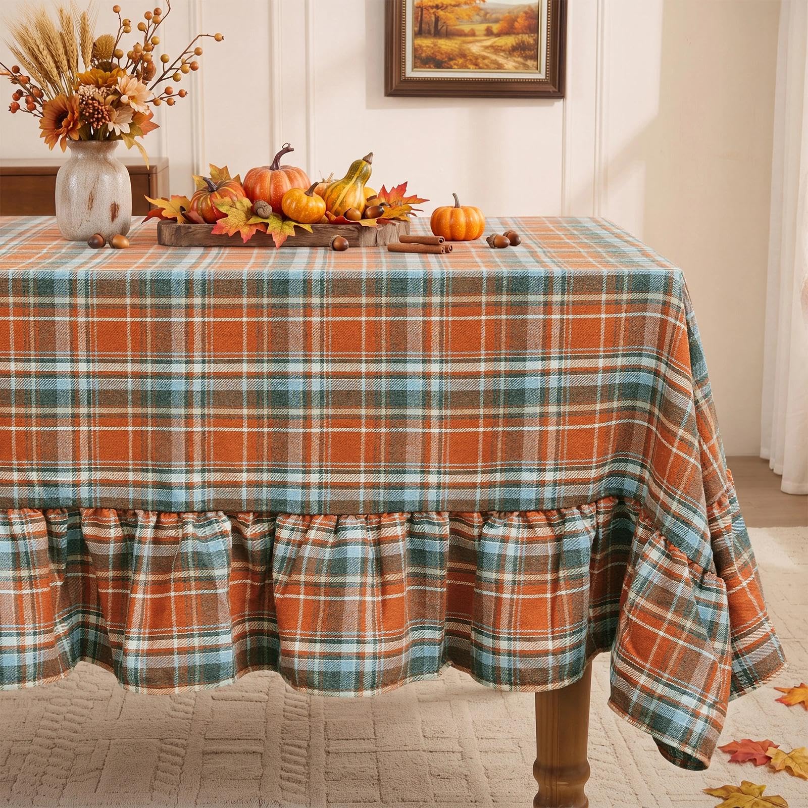 Romanstile Thanksgiving Plaid Ruffled Tablecloth Rectangle 60x120 Inch Rust