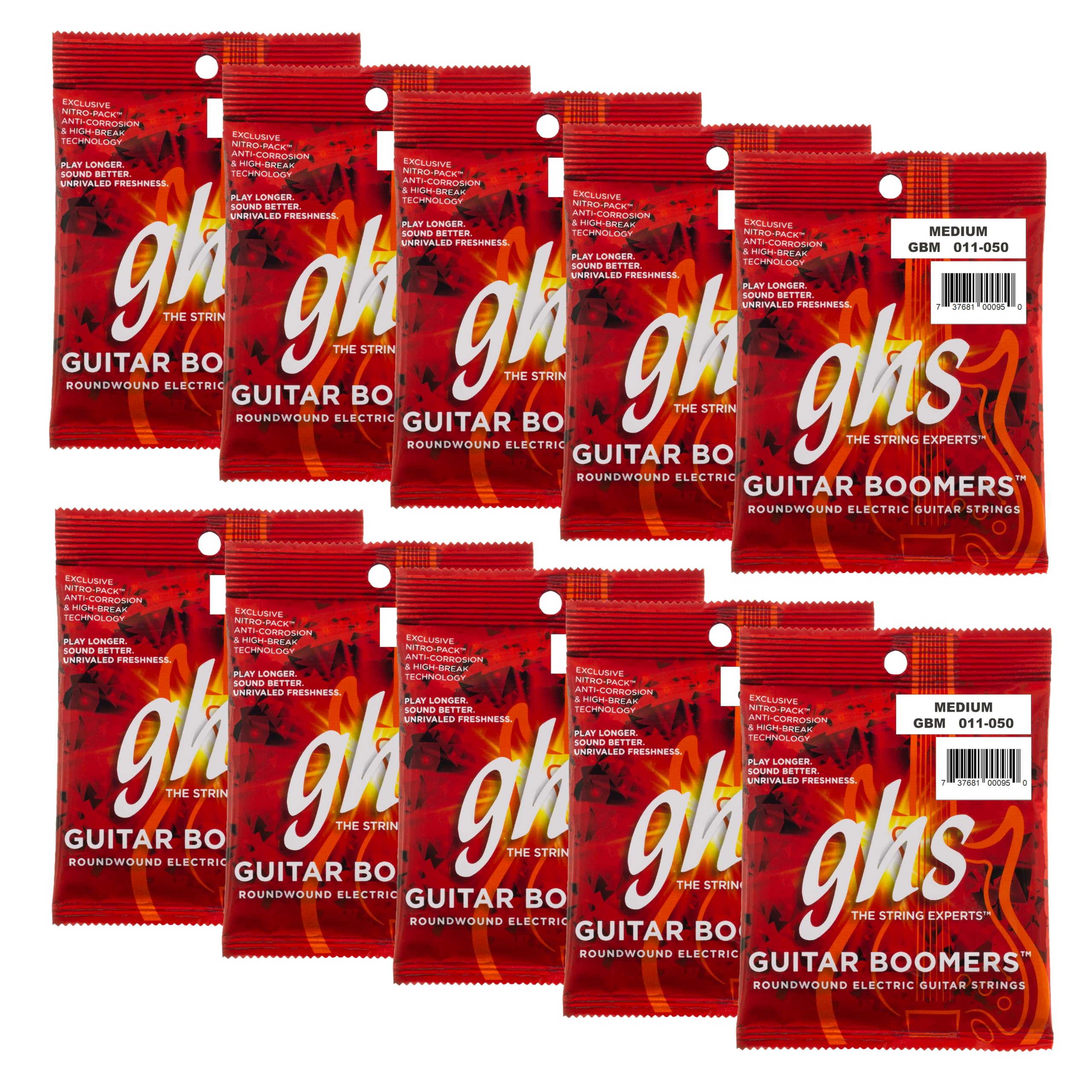 GHS Strings, GBM Boomers, Nickel Plated Steel Electric Guitar Strings, Legendary Strength, Consistent Intonation, Long Lasting Brightness, Tone &amp; Sustain. For 6-String Guitar 11-50 Med. Gauge, 10 Pack