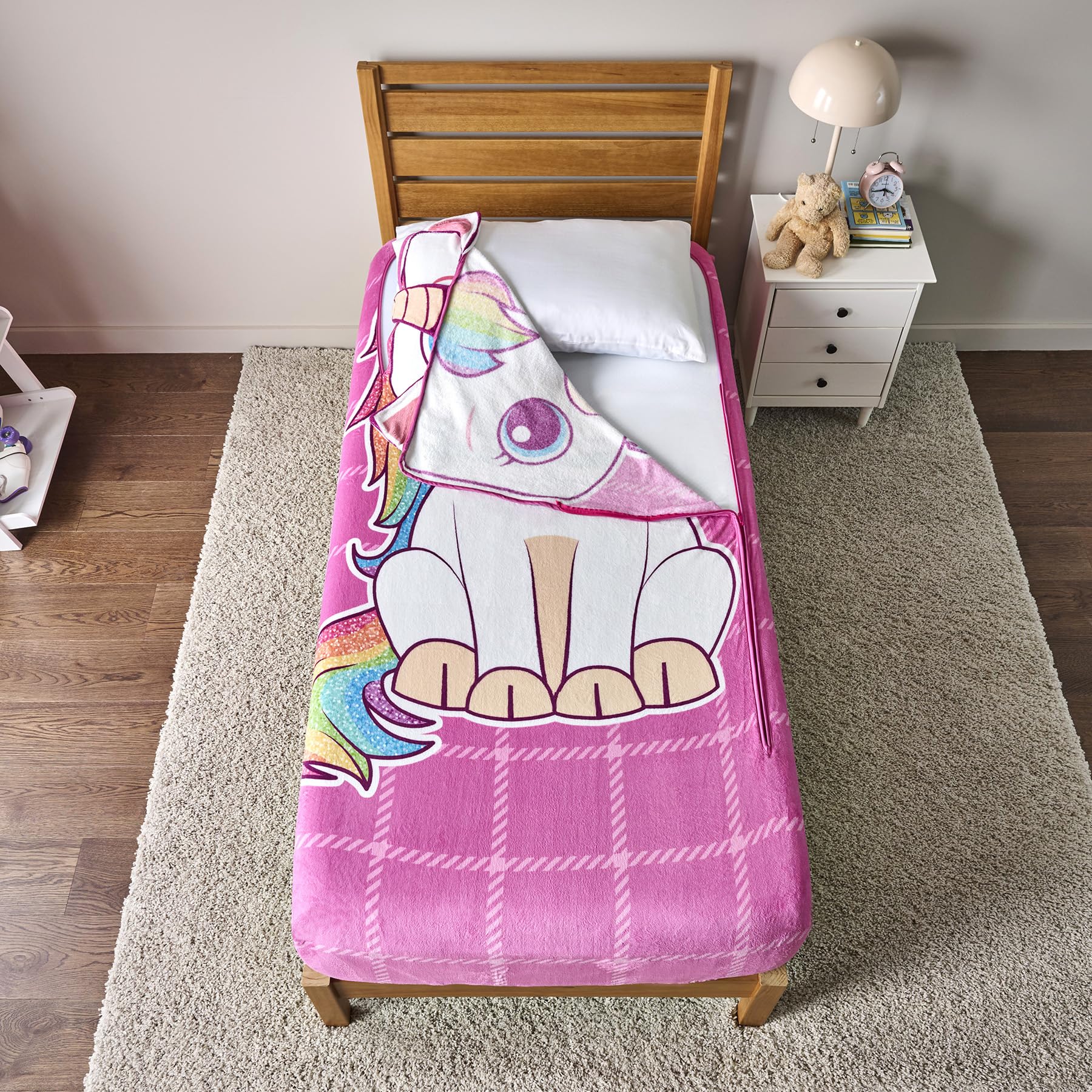 ZippySack Twin Bed Zip-Up Bedding – Super Soft Fleece Fitted Blanket with Side Pocket & Durable Zipper – Easy Bed-Making for Kids (Unicorn)