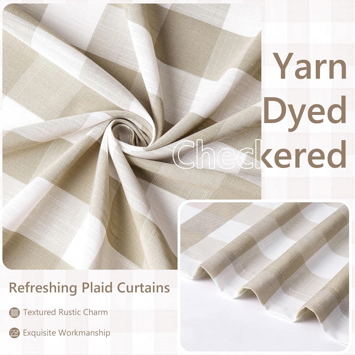 Amzdecor Buffalo Plaid Grommet Curtains 84 Inch Length, Tan Semi-Sheer Gingham Check Farmhouse Rustic Textured Curtains Drapery for Living Room Bedroom,2 Panels （52" x 84",Beige/Tan & White）