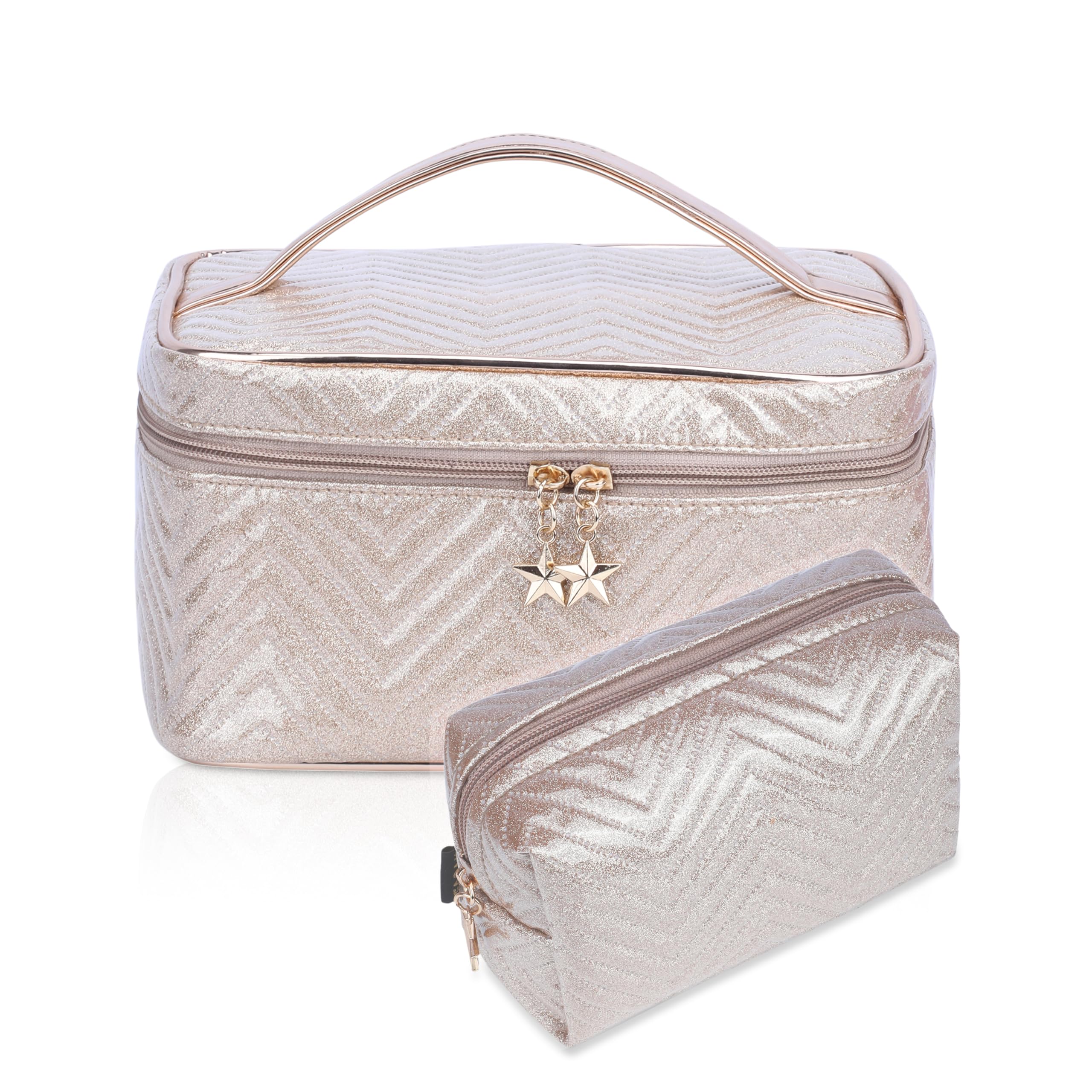 FADAK Glitter Makeup Organizer Bag with Detachable Pouch, 25 x 14 x 14 cm (Rose Gold)-image-25
