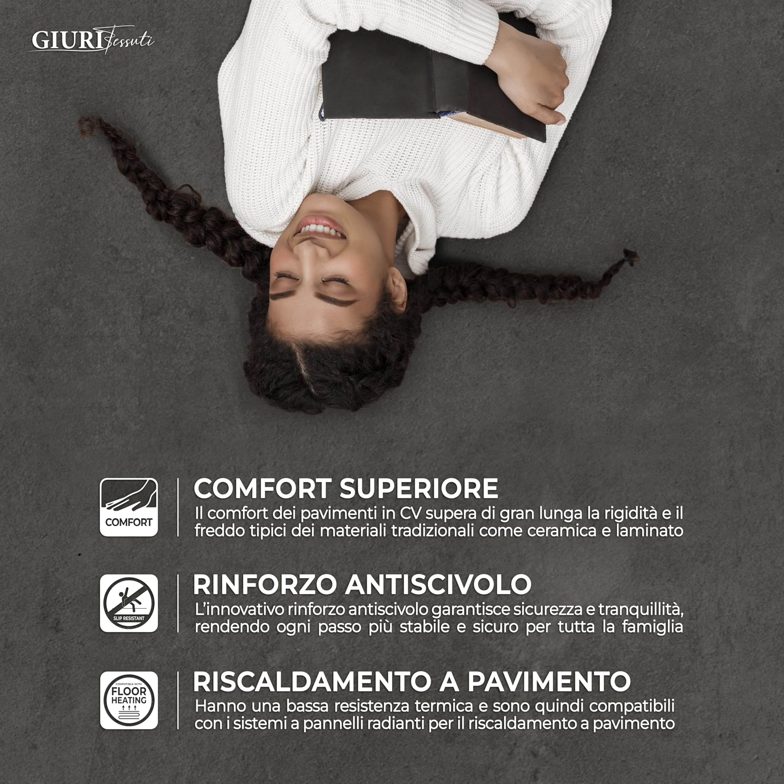 GIURI TESSUTI - Pavimento in PVC - Collezione Prestige - Rivestimento per superfici in Vinile Impermeabile con texture Antiscivolo e supporto Insonorizzante (H. 200 cm, LUNAR DARK)