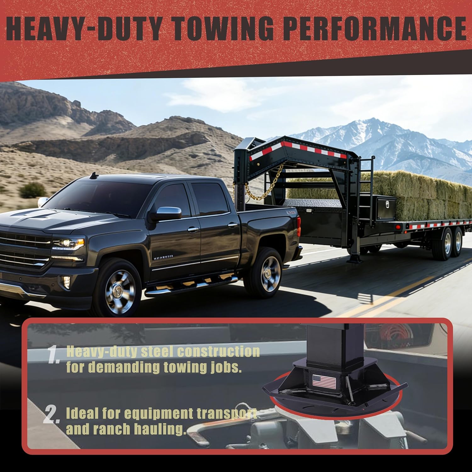 Gooseneck Trailer to 5th Wheel King Pin Adapter Kit, Fits 4" Square Tube, Adjustable Height for Level Towing, 30K Heavy Duty Capacity, Reinforced Gusset Base