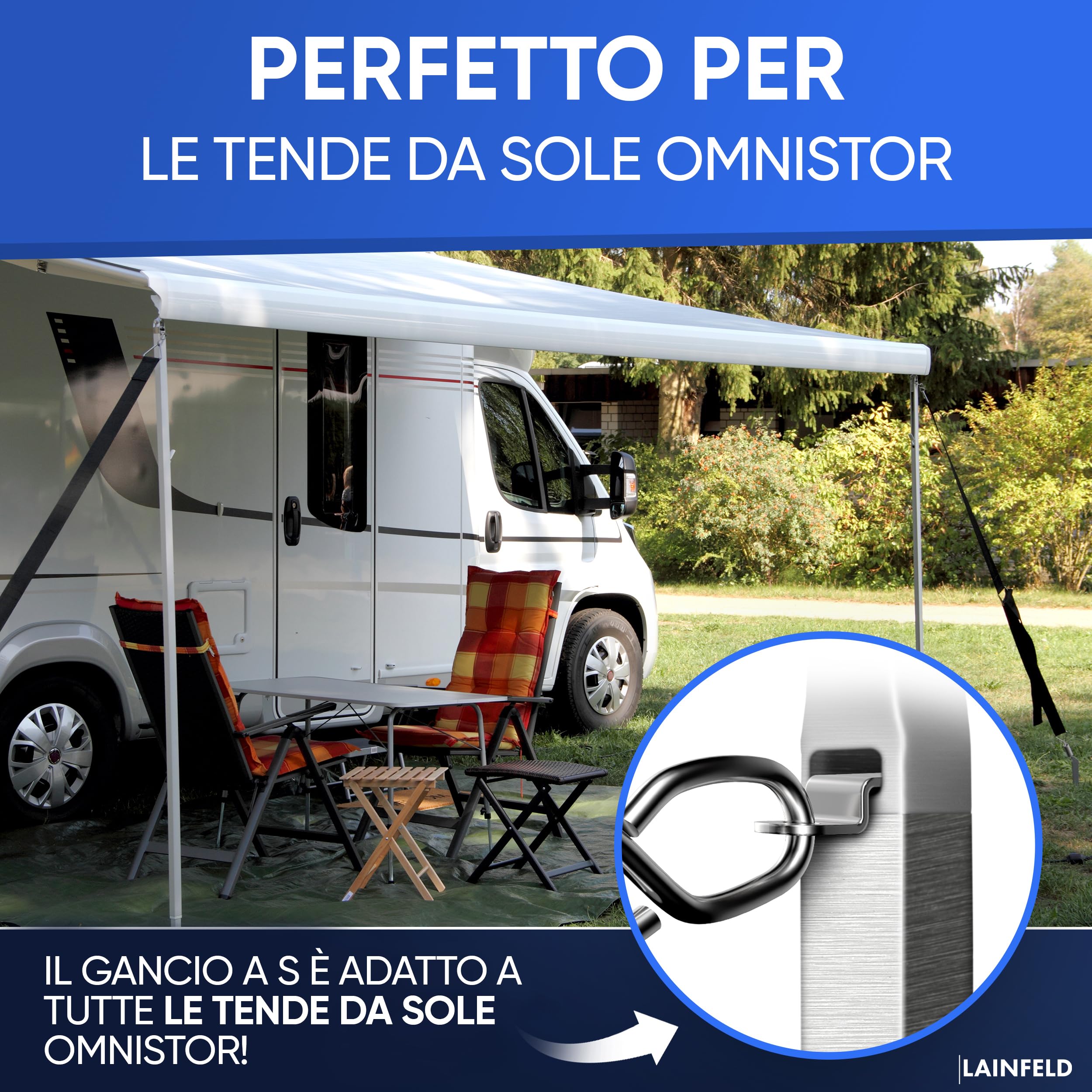 LAINFELD Protezione anti-tempesta per tenda da sole Thule Omnistor | Ancoraggio a terra da 35 cm | Tensionamento anti-tempesta per tenda da sole, corde di tensionamento, accessori per camper