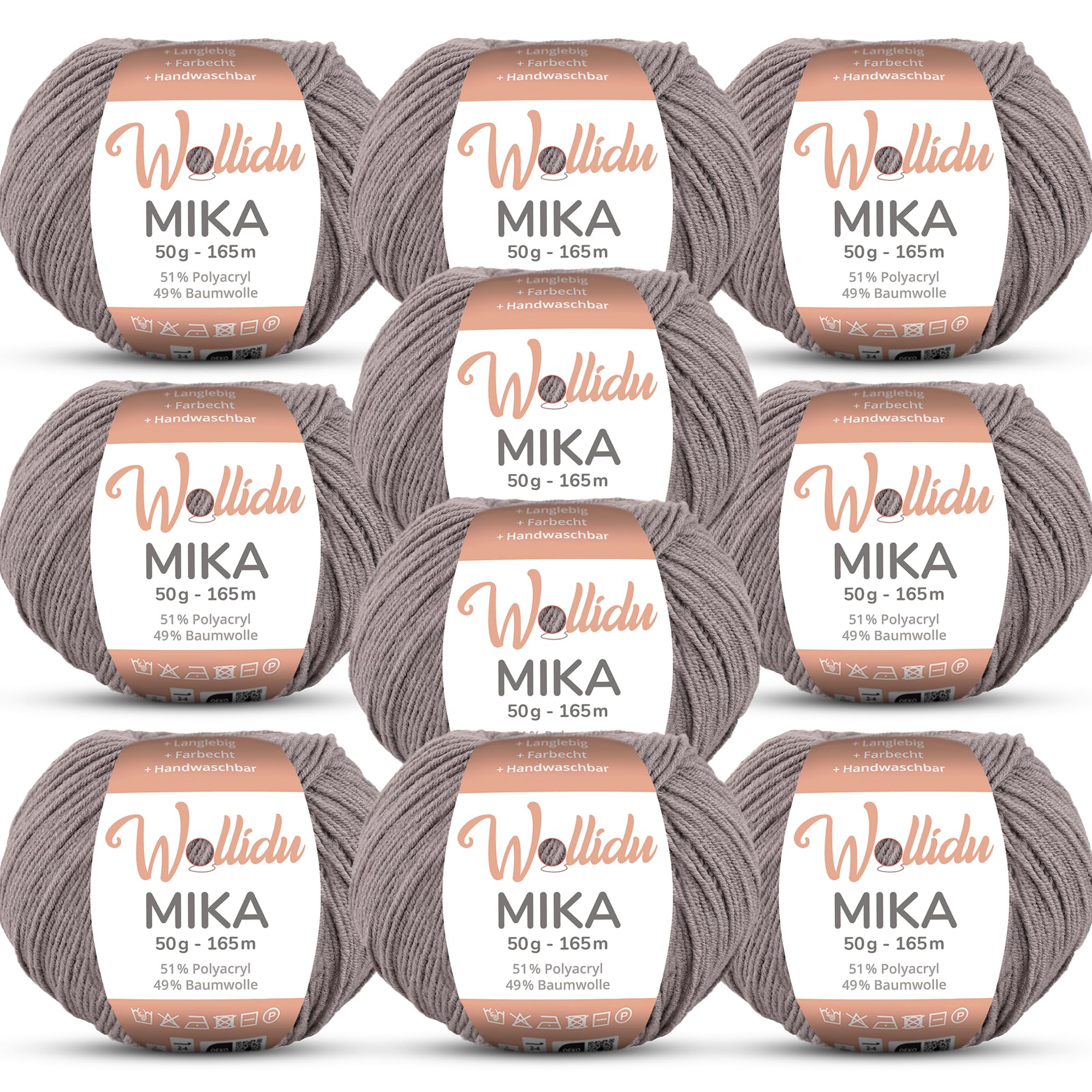 Wollidu Mika 51% Polyacryl 49% Baumwolle zum Häkeln und Stricken 10x 50g/165m Oeko-Tex Strickgarn Häkelgarn - Grau
