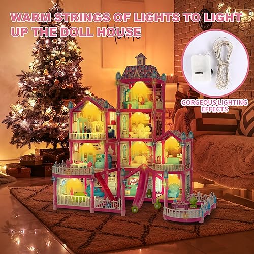 Miniatura 6 de Casa de muñecas para niñas, 10 habitaciones, casa de muñecas rosa con figura de muñecas, cachorros, muebles, accesorios, luz LED, casa de juegos