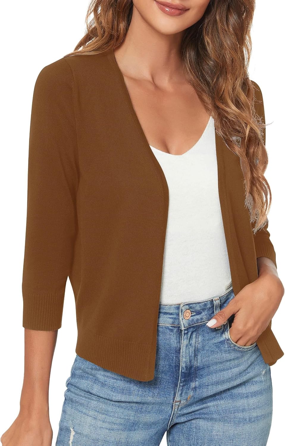 Urban CoCo Women's 3/4 Sleeve Lightweight Open Front Knit Shrug Cardigan