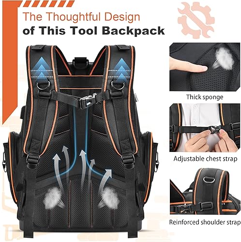 Miniatura 5 de Mochila de herramientas resistente con 89 bolsillos, compartimento para laptop y cerradura de combinación, mochila impermeable para electricista,