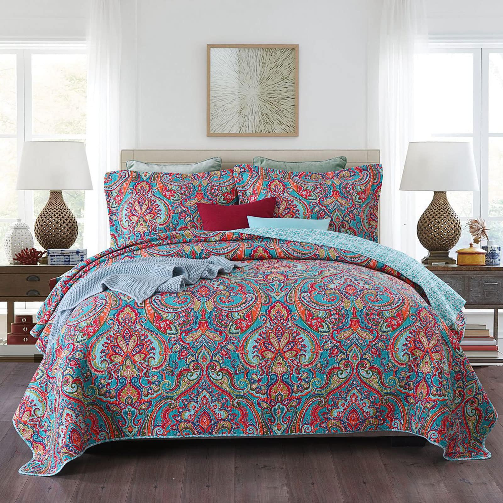QucoverOversized Queen Bedspread - 3-Piece Paisley Quilt Set With 2 Pillowcases, Soft Cotton Microfiber, Lightweight Summer Bedding for Queen Beds, 90x98 Inch
