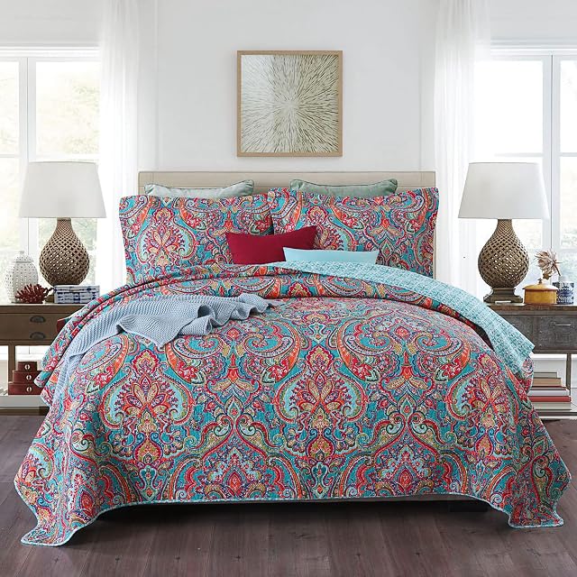 Qucover Bedspreads King Size 3-Piece Breathable Microfiber Floral Paisley Pattern Patchwork Quilted Bedspreads, Coverlet Set with Pillow Shams 230 * 250 cm