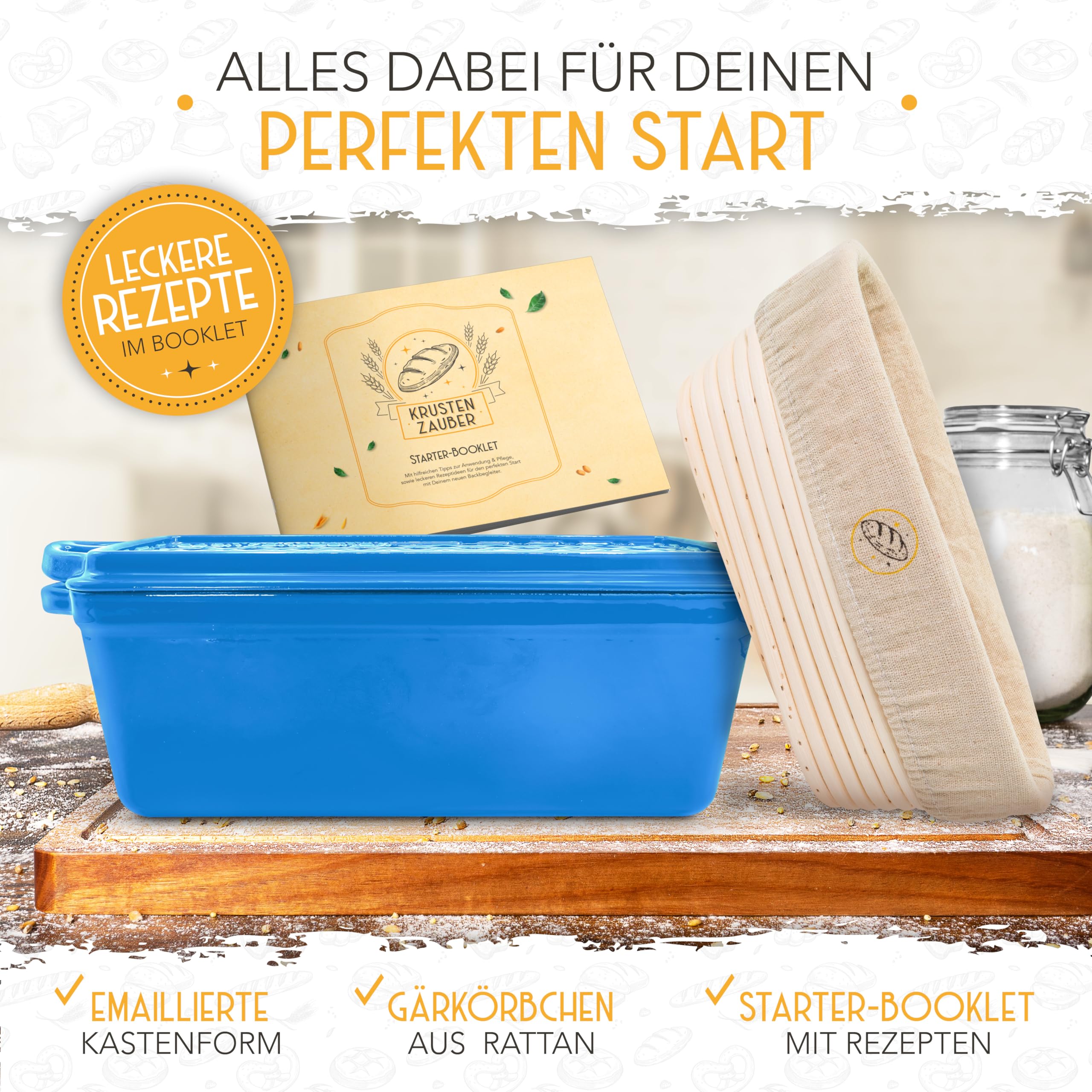 KRUSTENZAUBER Molde de pan esmaltado con tapa, incluye cesta de fermentación, molde robusto de 28 cm de hierro fundido, ideal como molde de caja, pan tostado, molde para pan, molde de pan, olla de