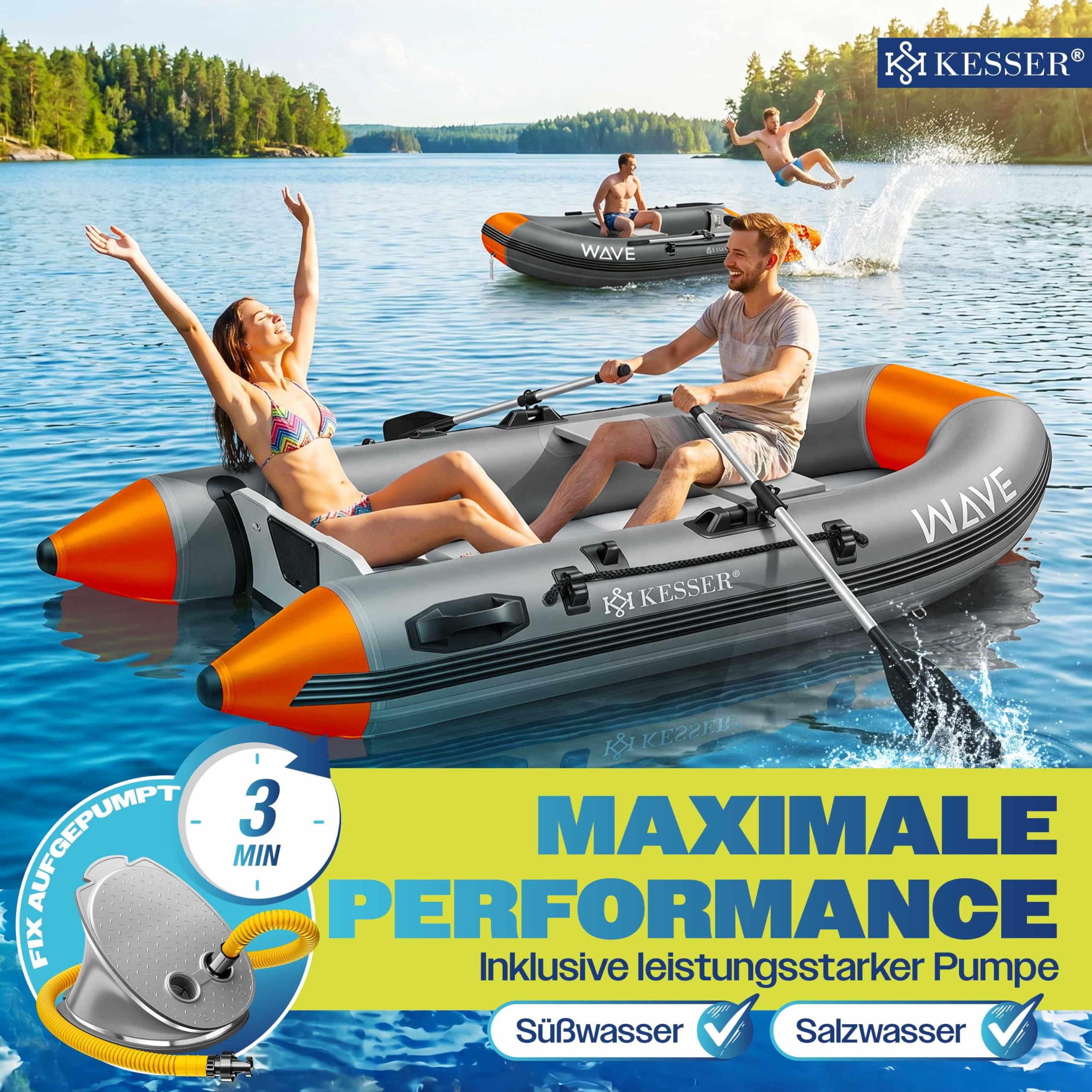KESSER® Schlauchboot Wave 230-320 cm Set de 6 piezas inflable – Bote + banco, bomba de aire, remos, kit de reparación, bolsa, bote de pesca, bote a remo pequeño y grande - posible combinación con