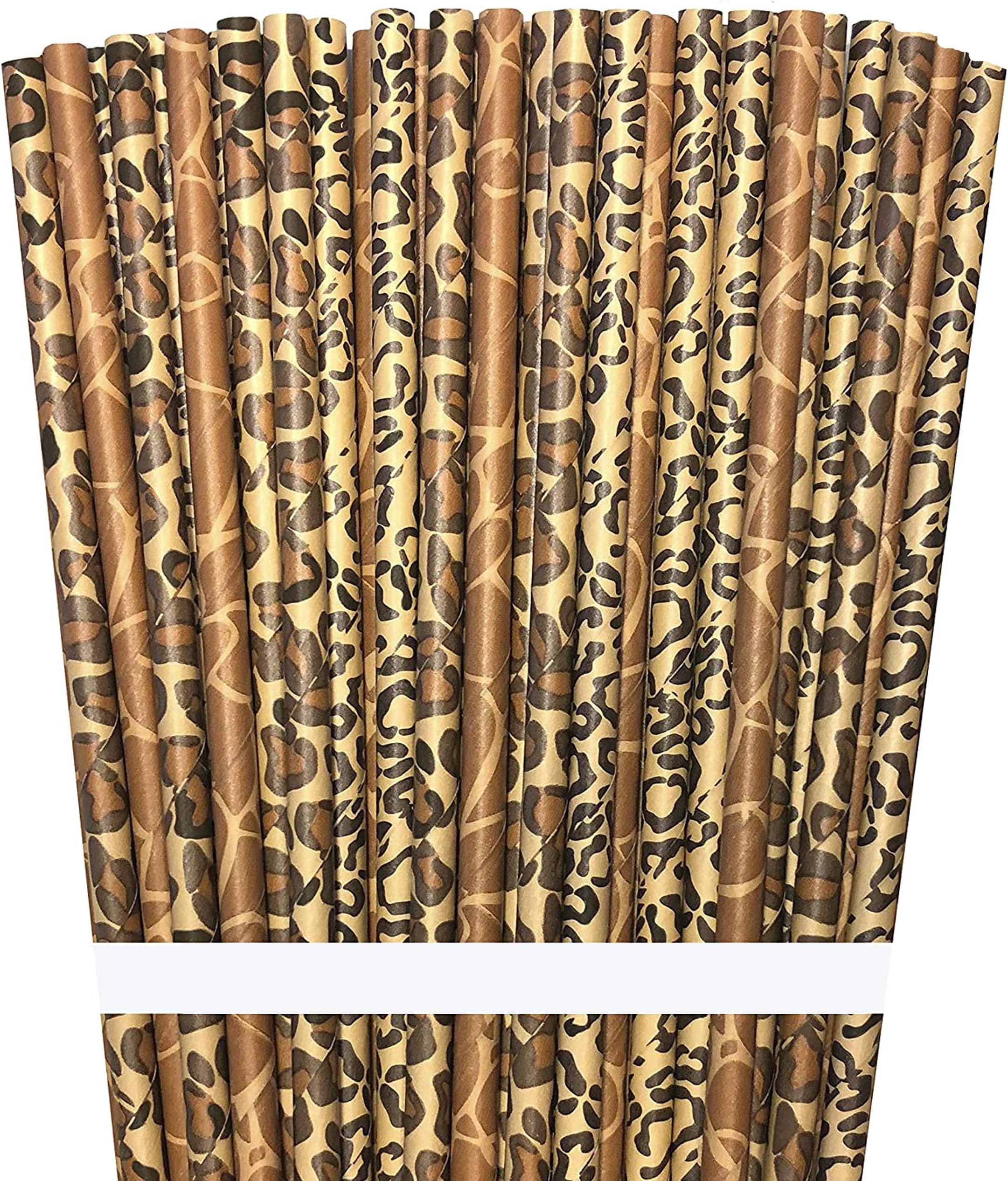Outside the Box Papers Safari Theme Animal Print Paper Drinking Straws 7.75 Inches 75 Pack Black, Brown, Tan
