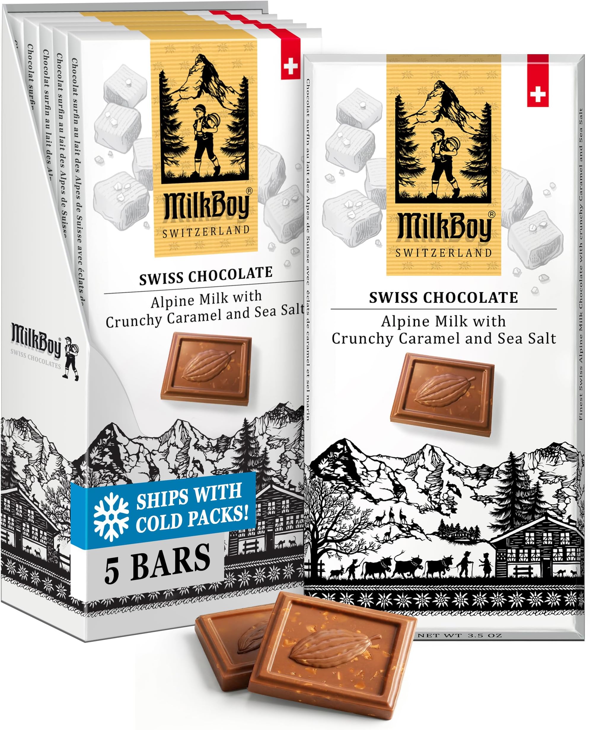 Milkboy Swiss Chocolates Milk Chocolates - Alpine Milk Chocolate Bars with Crunchy Caramel Sea Salt - Gluten-Free Non-GMO All Natural - Made in Switzerland - 3 oz, Pack 5