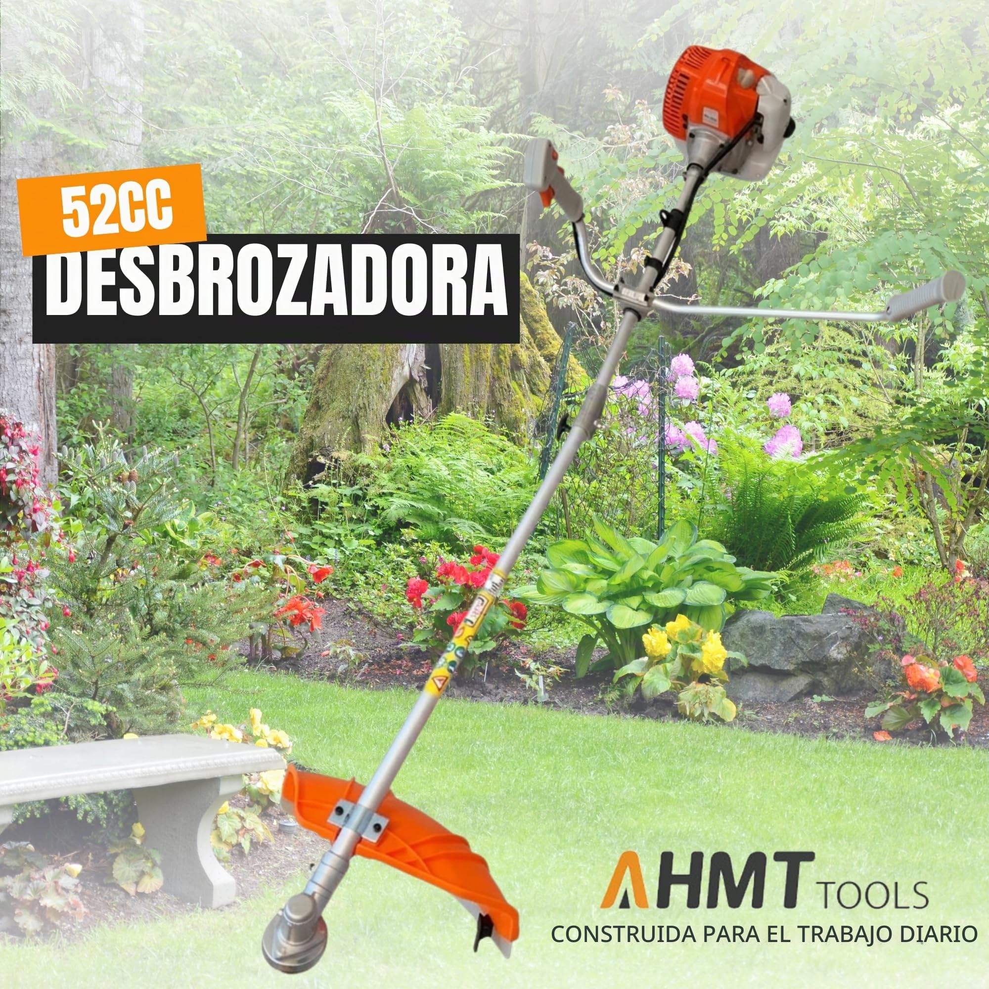 Desbrozadora Gasolina 52cc 2 Tiempos 51.7cc – Cortabordes Potente para Hierba Alta y Maleza, Incluye Cuchilla Metálica y Cabezal Nylon, Arnés Profesional para Jardín y Fincas