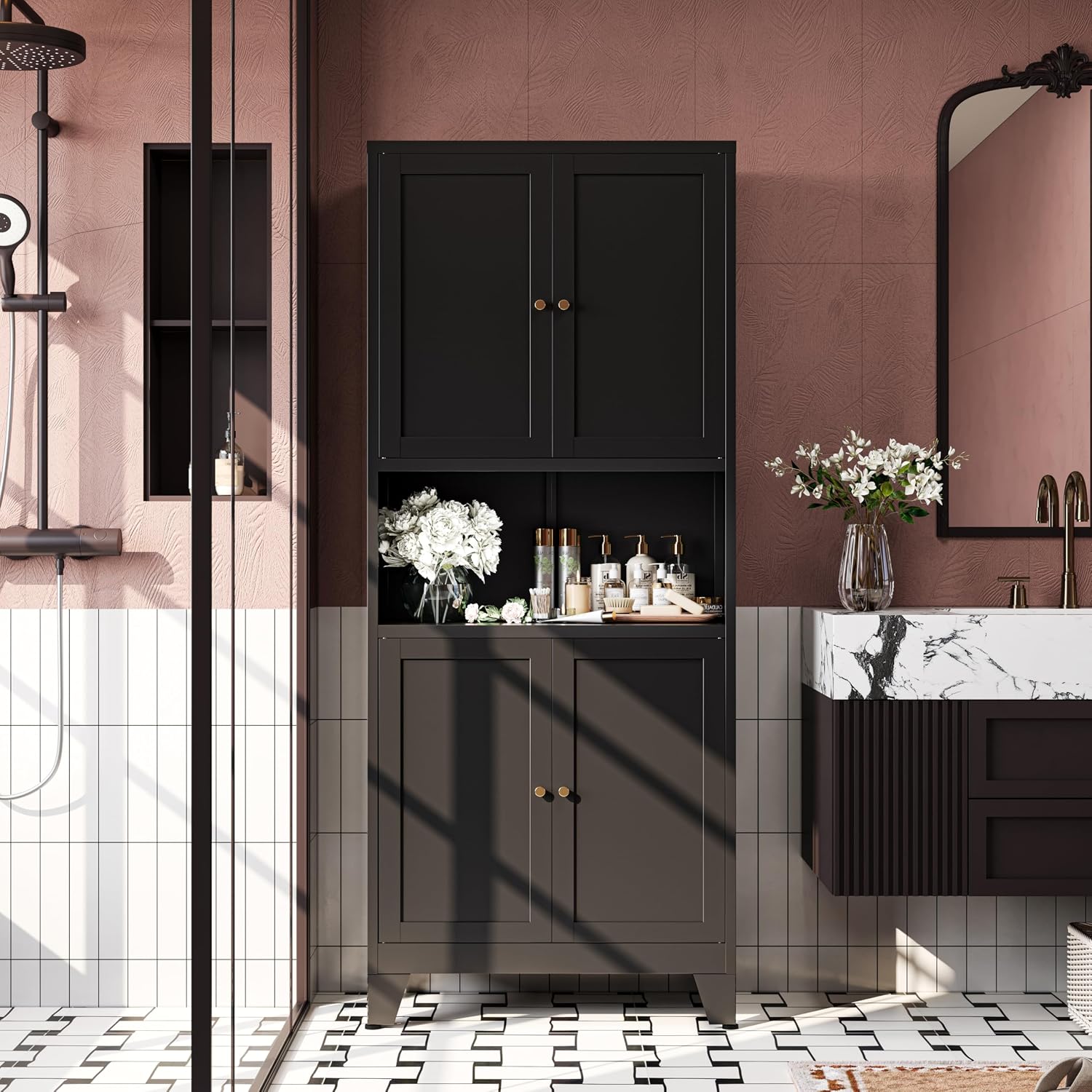 67"H Tall Narrow Bathroom Storage Cabinet, Metal Cabinet, Orange Floor Cabinet,Skinny Storage Cabinets with 4 Adjustable Shelves,Slim Tall Floor Cabinet,Thin Bathroom Storage Cabinet for Living Room