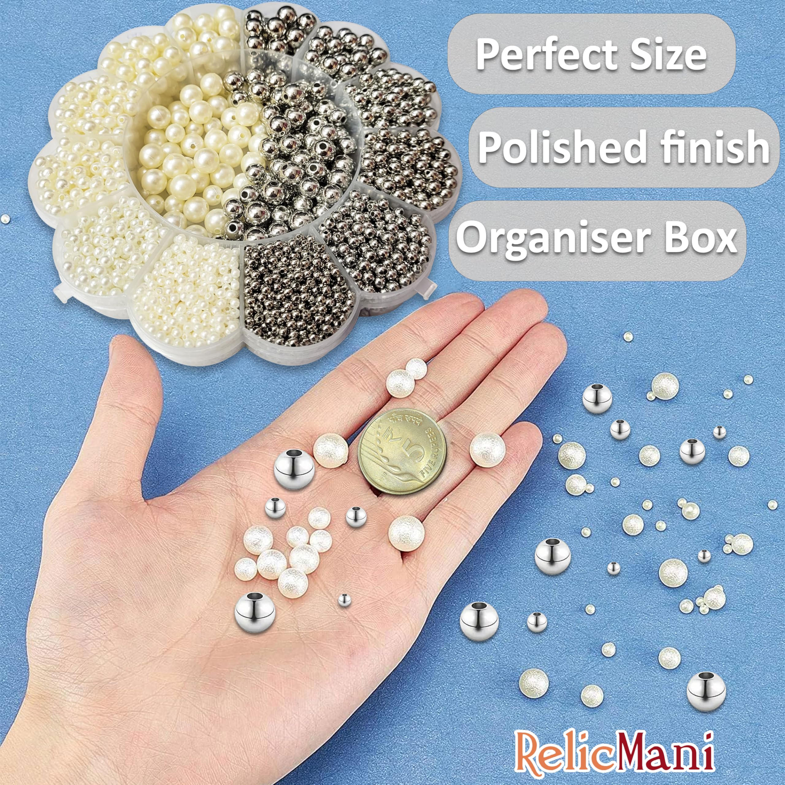 RelicMani Pearl Moti Beads Kit | Craft & Jewellery Making Beads Set | Flower Box Organizer with 3-10mm Beads for Rakhi, Aari Work, DIY Projects (Offwhite Silver) 1