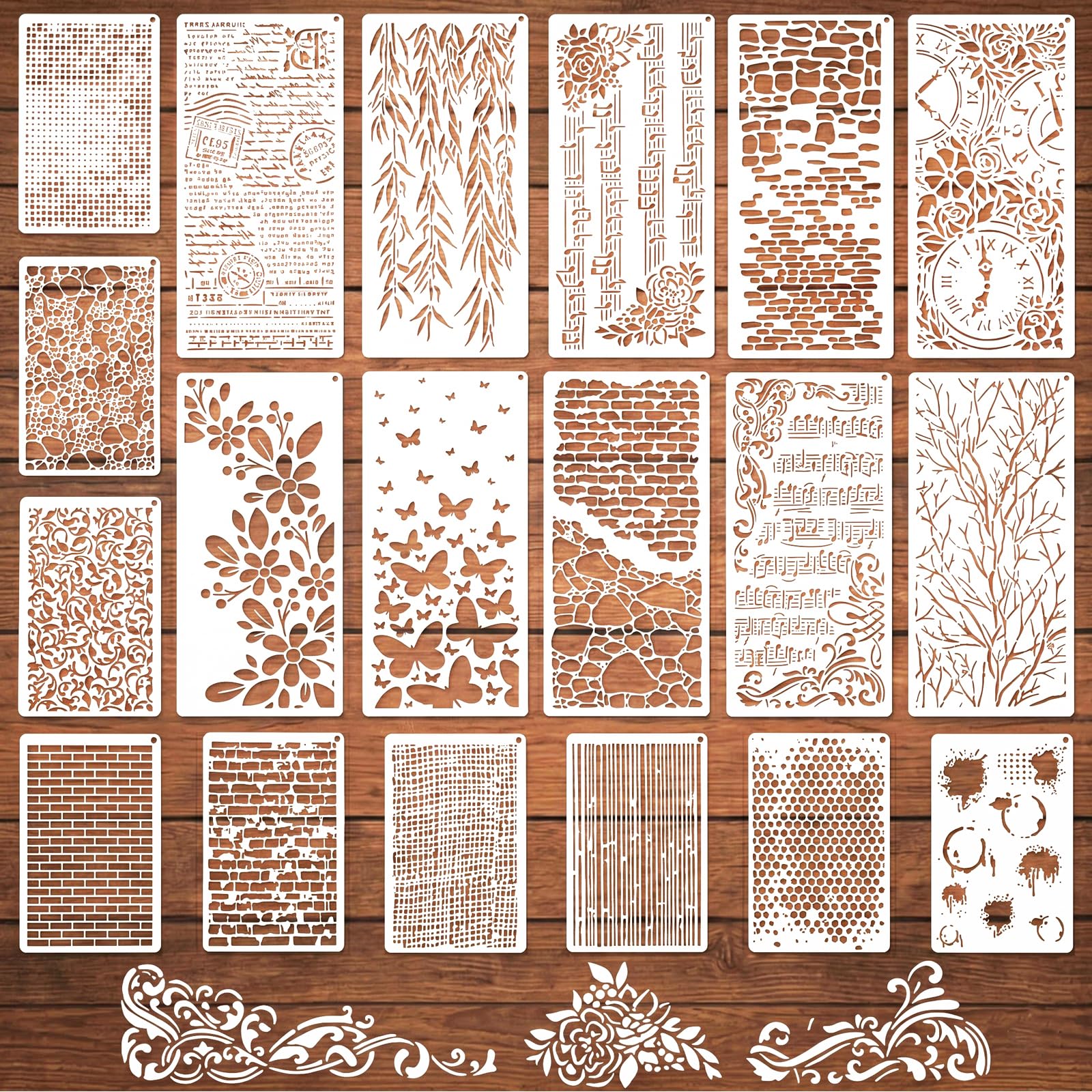 Bafutayawa 19 Piece Stencil Set, Reusable Texture Stencils, Floral Pattern Templates for Wall Design, Textile Crafting, Woodwork