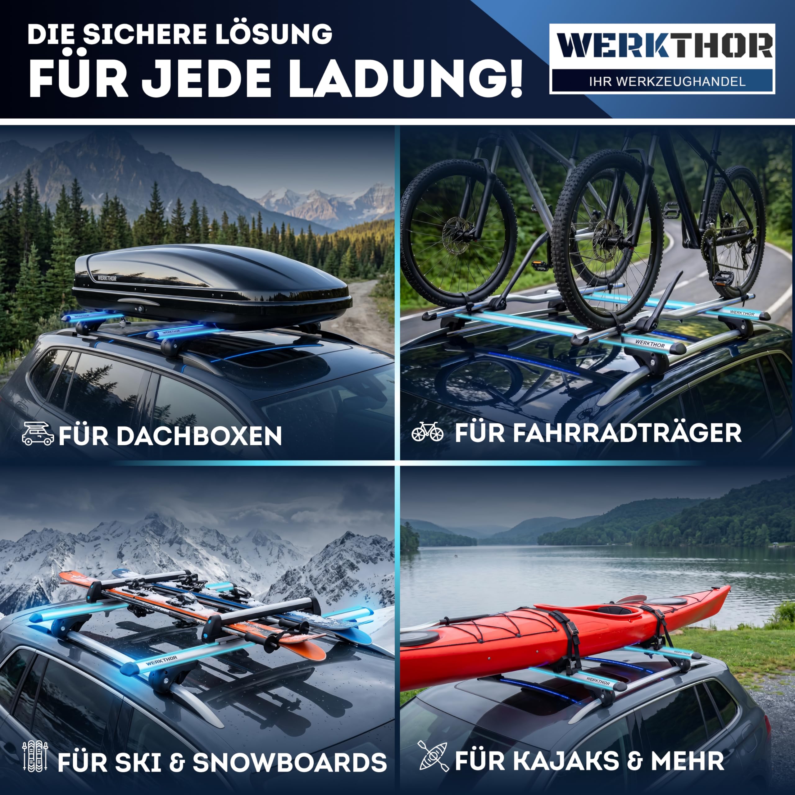 WERKTHOR Alu Dachträger 120cm für Offene Reling – Aerodynamischer Relingträger Vormontiert & Abschließbar – Auto Dachträger 90kg – Universal für Dachbox & Fahrrad