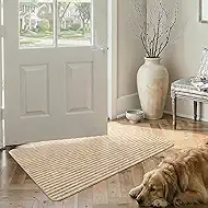 MatEssenz Door Mat 2x3 ft, Low Profile Entryway Rug, Striped Faux Linen Entrance Mat, Non-Slip Rubber Backing, Washable Mudroom & Back Door Mat, Pet Friendly, Khaki