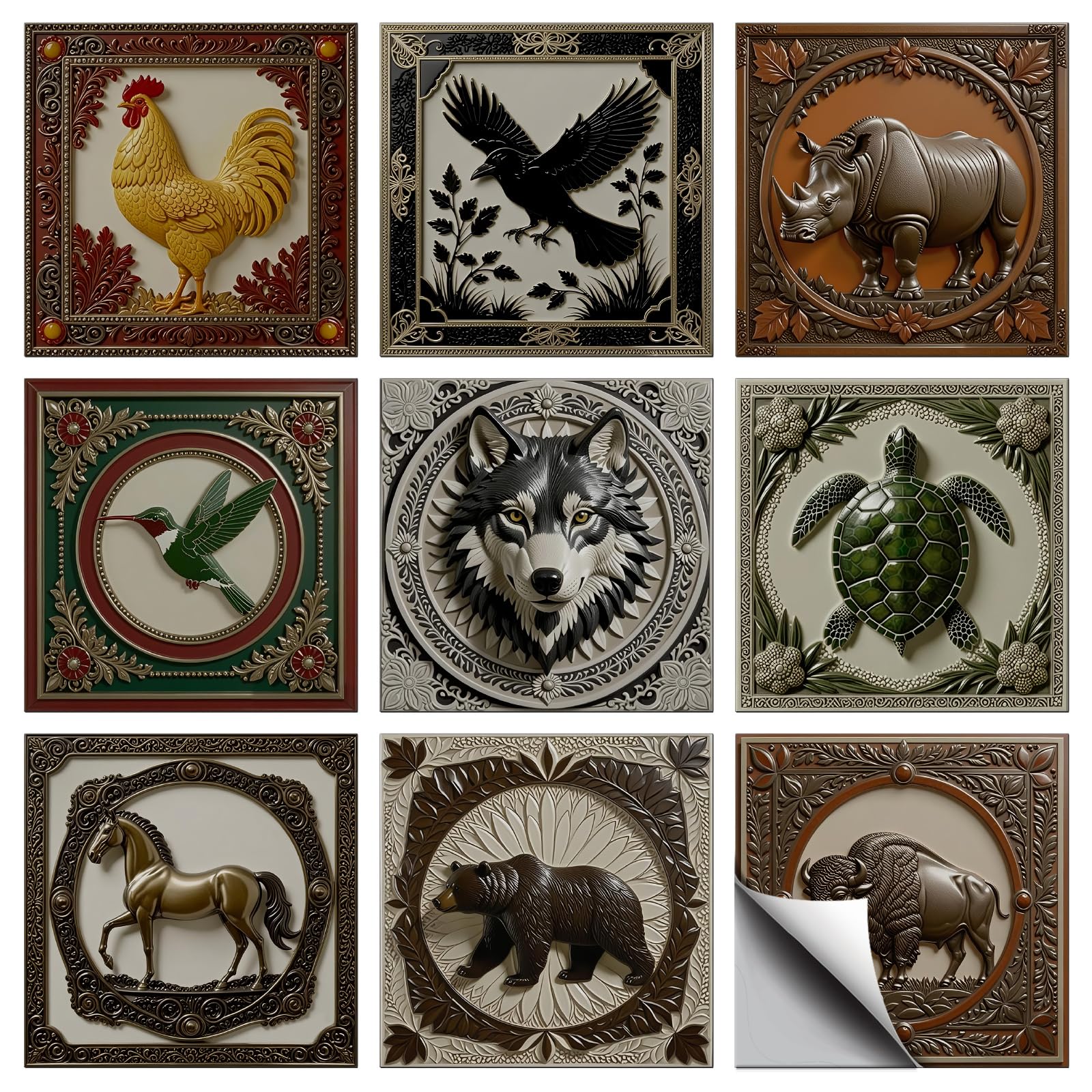 CONCHLERY 36 Pcs 9 Styles Retro Relief Style Animals Pattern Peel and Stick Tile Stickers, for Kitchen Bathroom Home Wall Art Decor 4x4 Inch