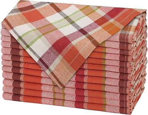 Miniatura 1 de COTTON CRAFT Servilletas de tela a cuadros de cosecha  Juego de 12 servilletas de algodón puro  Servilleta reutilizable  17 x 17  Naranja óxido