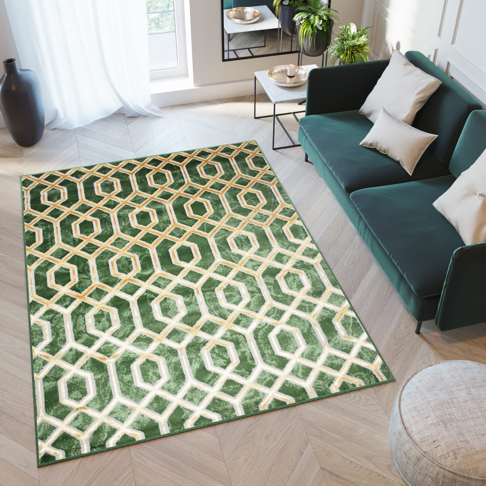 TAPISO Turmalin Tapis de Salon Chambre Salle à Manger Ado Bureau Entrée Design Moderne Vert Or Brillant Moucheté Hexagones Géométrique Intérieur Doux Poils Ras 80 x 150 cm