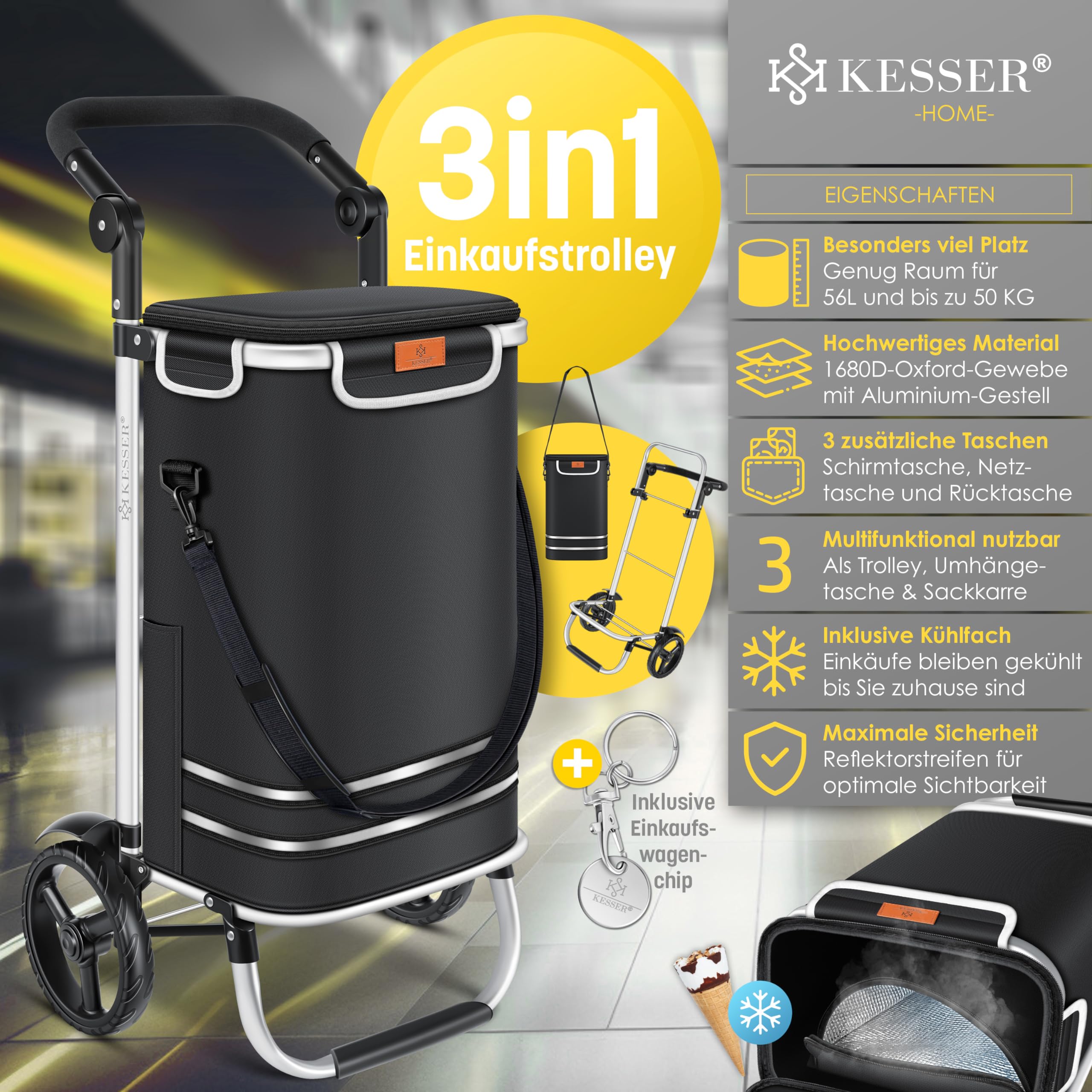 KESSER® Einkaufstrolley klappbar mit 56L Kapazität und belastbar bis 50kg | 3in1 Trolley Sackkarre & Umhängetasche | Faltbarer Einkaufswagen inkl. Kühlfach & Einkaufschip | Treppensteiger Schwarz