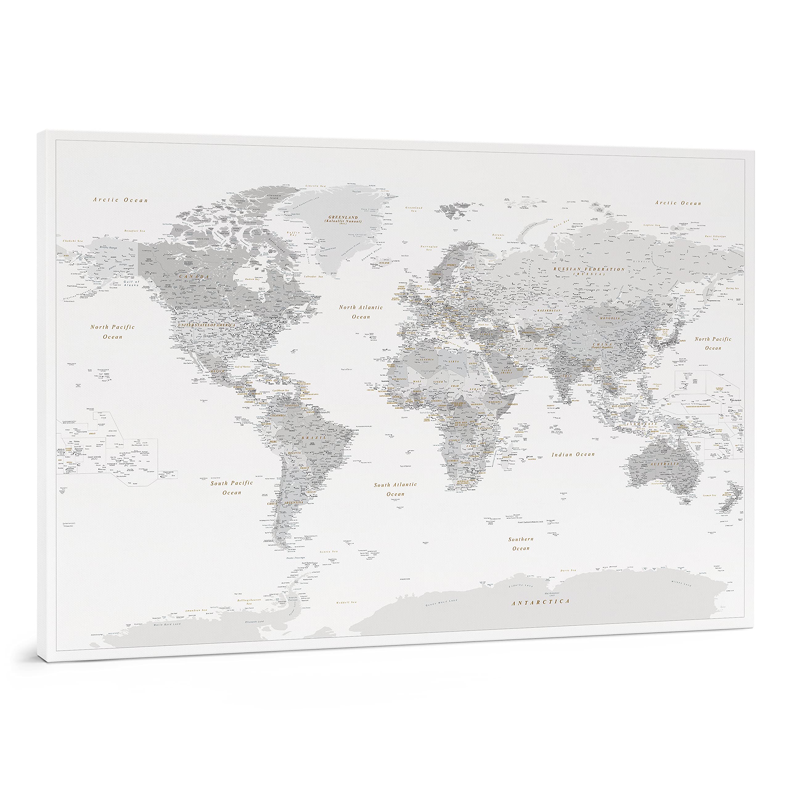 Trip Map Planisfero da Parete – Mappa del mondo - Quadro su tela incorniciato con 100 puntine incluse – Cartina geografica mondo in grigio e bianco - Grande dimensioni