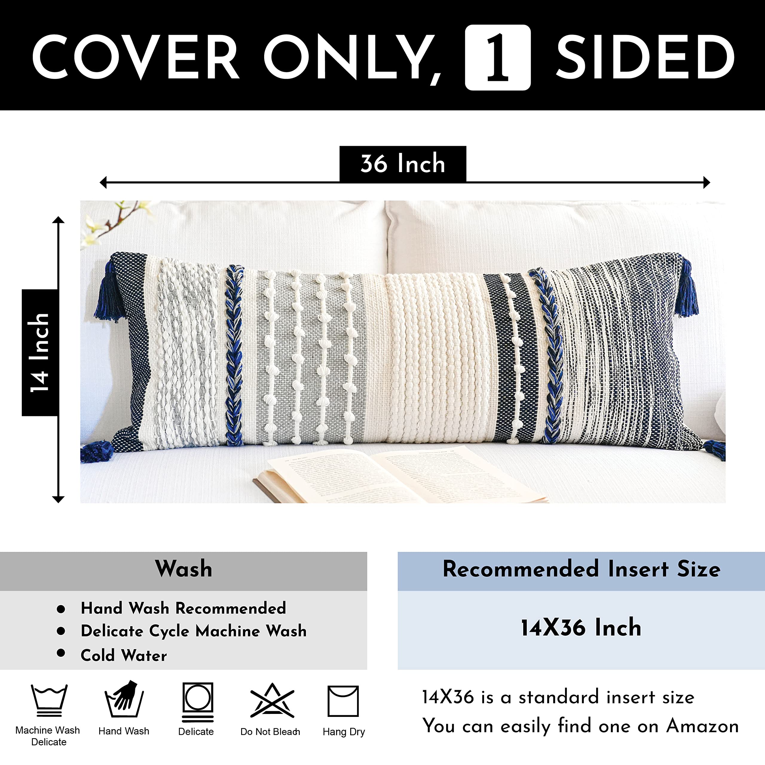 BlissBlush Navy Dark Blue Boho Decorative Lumbar Pillow Cover 14x36 - Image 3