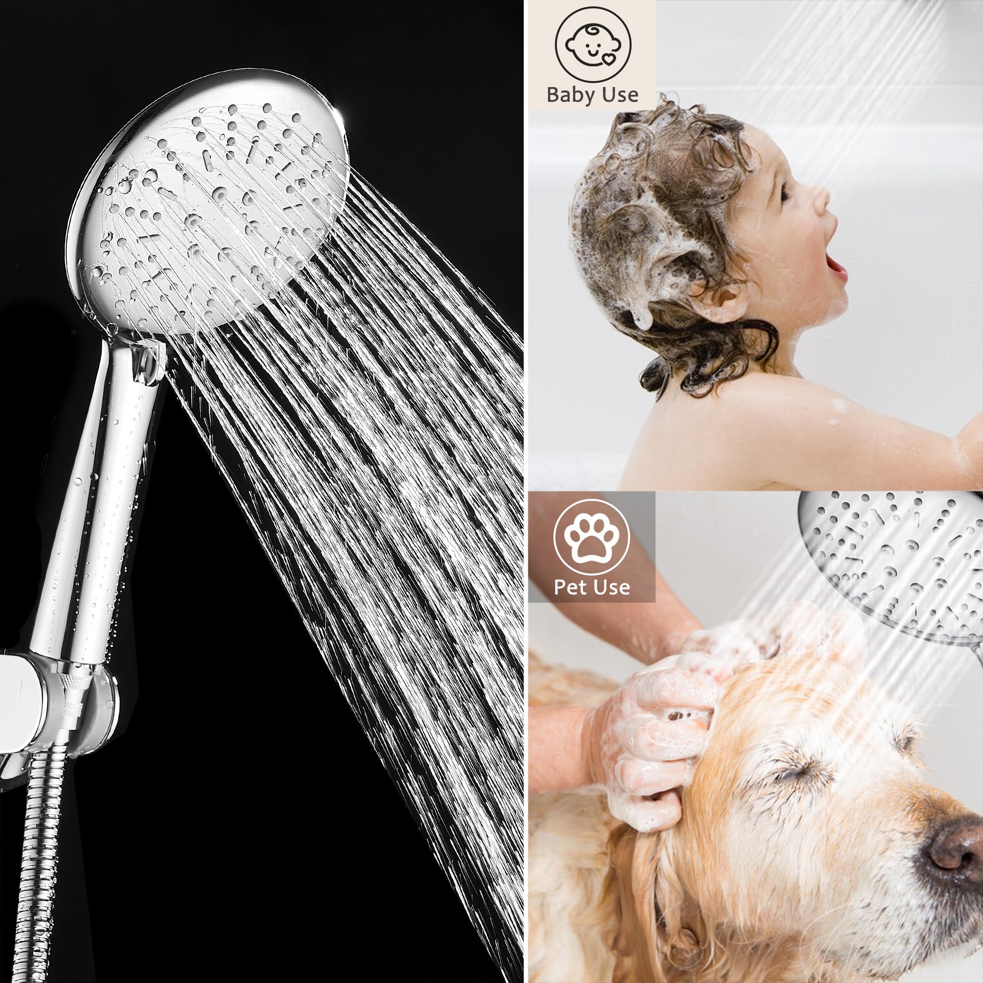 Rubinetto Doccia Monocomando con Soffione Doccia Supporto e Tubo - Miscelatore Doccia Esterno senza Beccuccio, Flessibile Doccia Acciaio Inox 150cm, Doccetta con 3 Funzioni - Argento Cromato