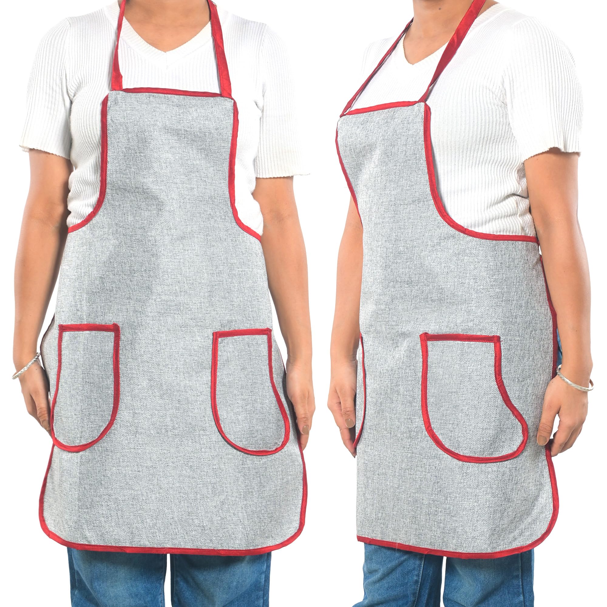 Kuber Industries 2 Pcs Jute Apron for Kitchen with 2 Pockets | Lightweight & Machine Washable Cooking Aprons for Women & Men - Ideal for Home & Restaurant | Silver