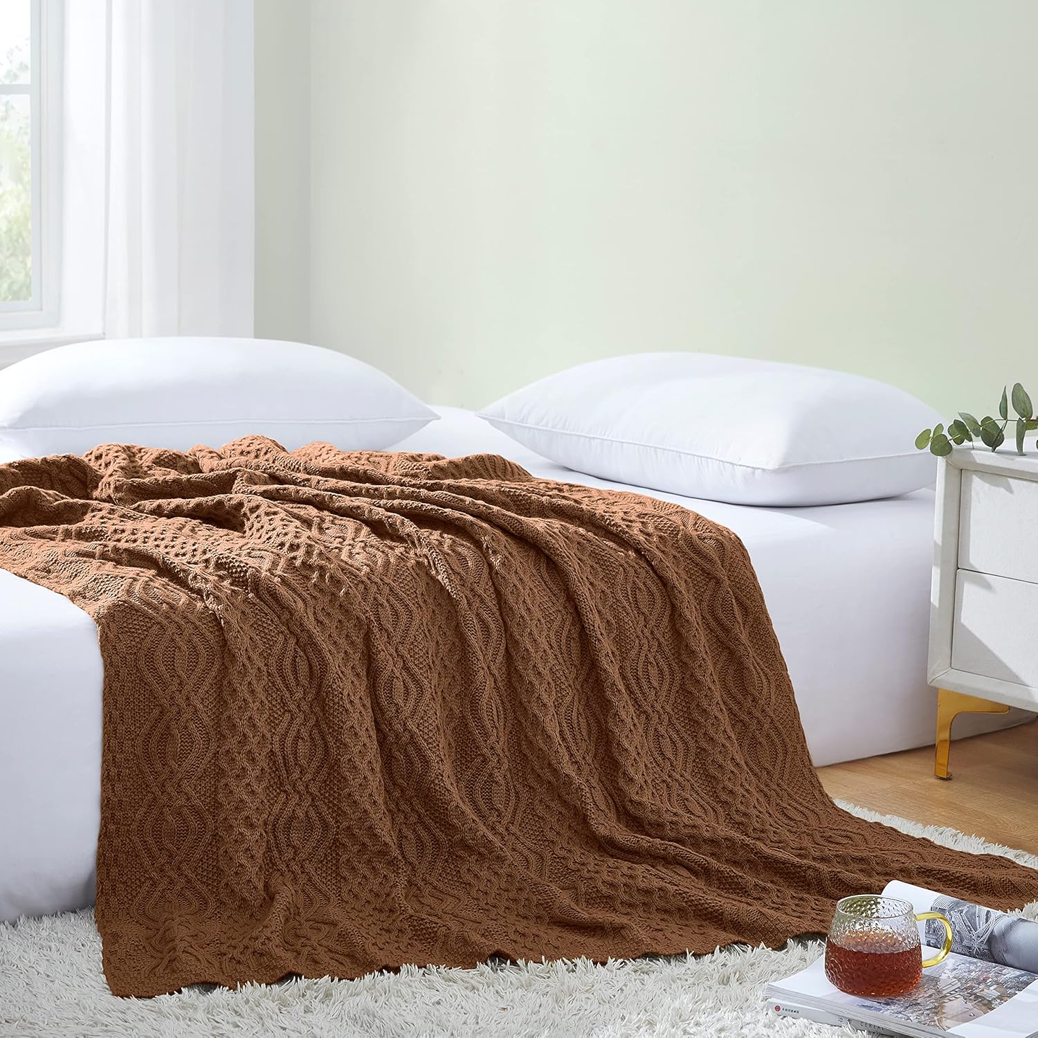 Aormenzy Brown Cable Knit Throw Blanket, Soft & Warm Knitted Blanket Throw for Couch Bed Sofa Living Room, 50 x 60 inch - Image 3