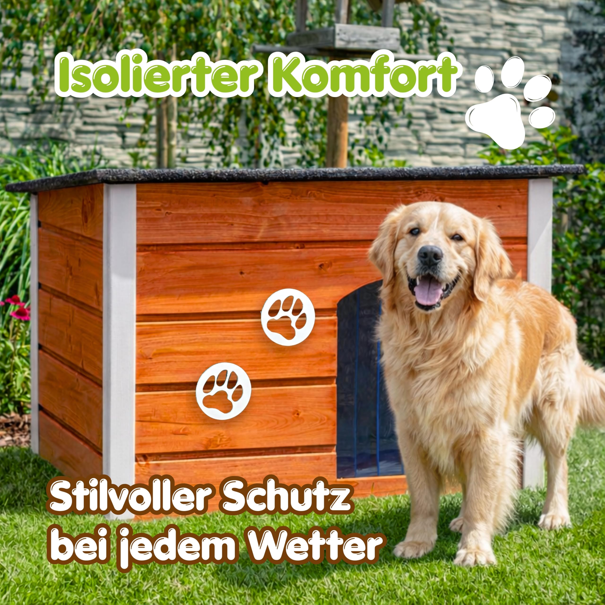 Outentin Hundehütte Outdoor Winterfest - Hundehaus für Große Hund - Isoliert und Wetterfest - Hunde Haus für Draußen mit zum Öffnen Flachdach - Stabile und Moderne Villa - 105 x 71 x 64cm - Teak