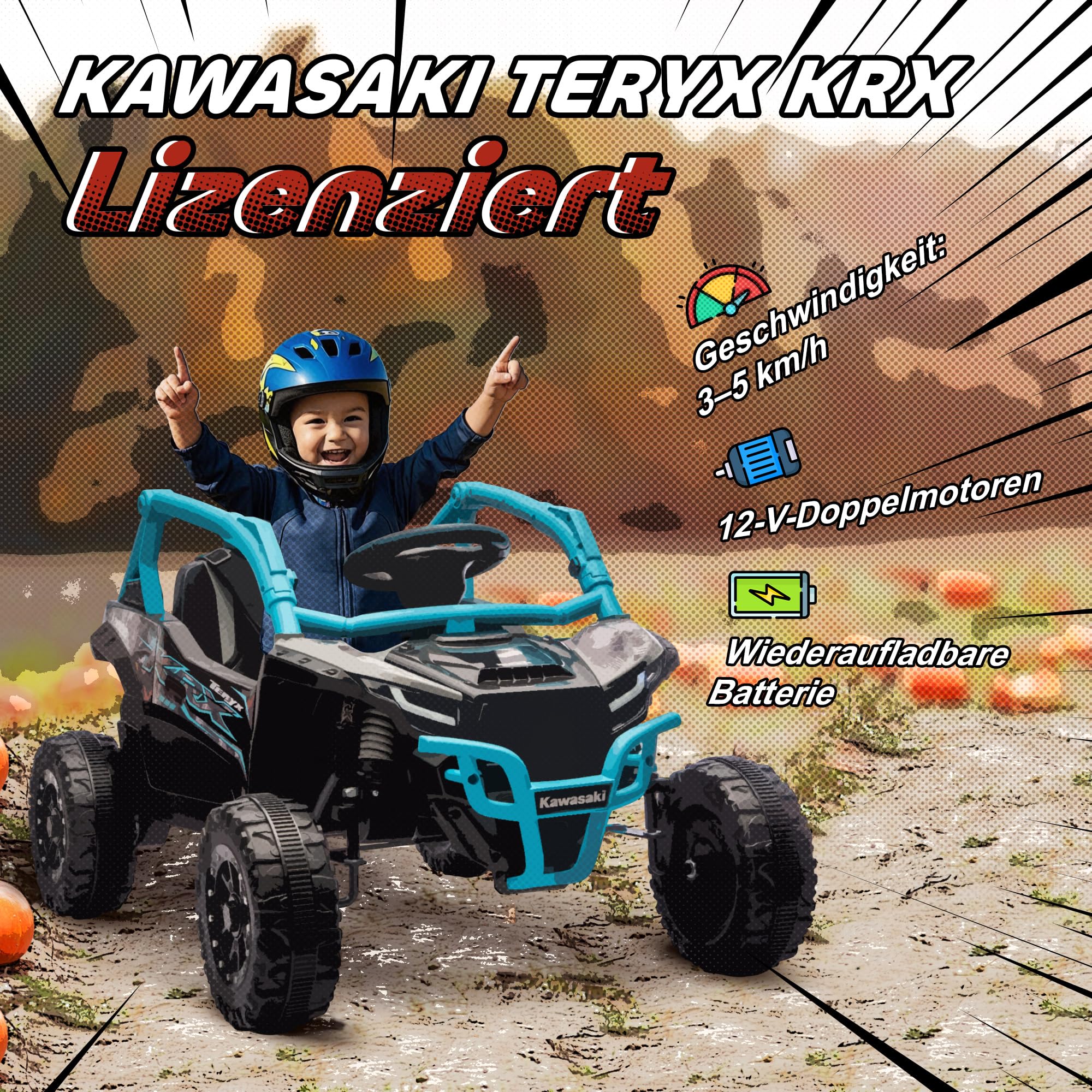 AIYAPLAY Samochód elektryczny dla dzieci, 12 V, Kawasaki, UTV, 3-8 lat, niebieski | 2 silniki, pilot zdalnego sterowania 2,4 GHz, system zawieszenia, światła LED, muzyka, klakson, pojazd elektryczny