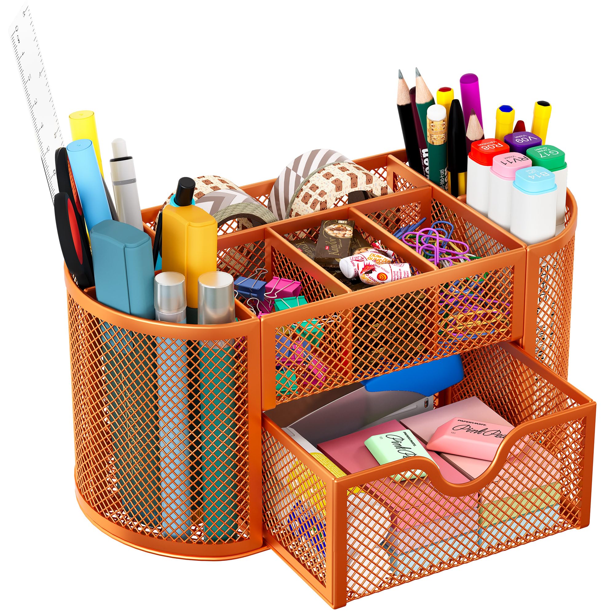 EasyPAG Mesh Pen Holder Desk Organizer with Drawer Stationery Supplies Organizer for Dorm School 9 Compartments Workspace Desk Accessories
